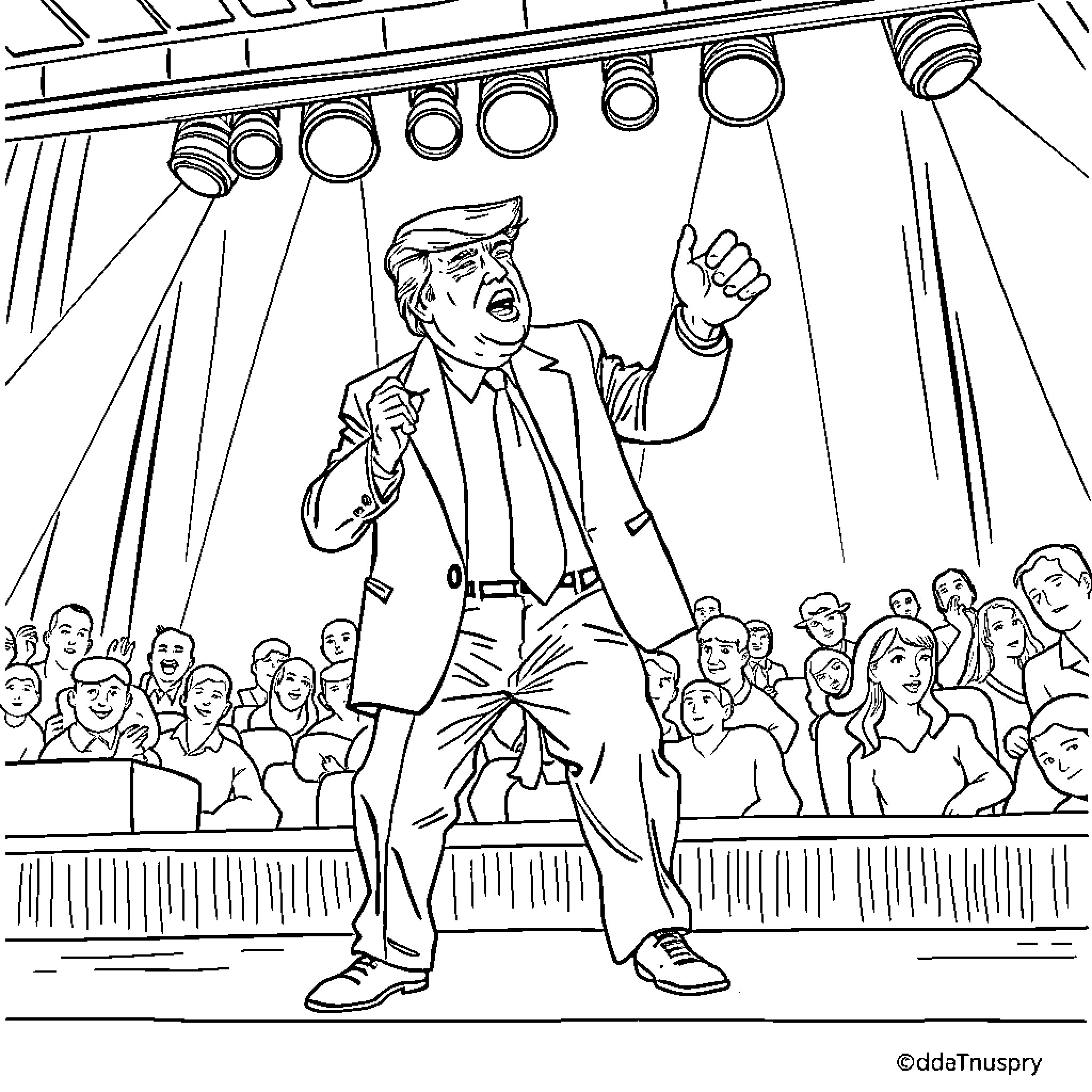 Donald Trump performing on stage in front of a crowd Coloring Page (free black-and-white line drawing printable PDF for all, from beginners to advanced learners, including children, teens, adults, and seniors)