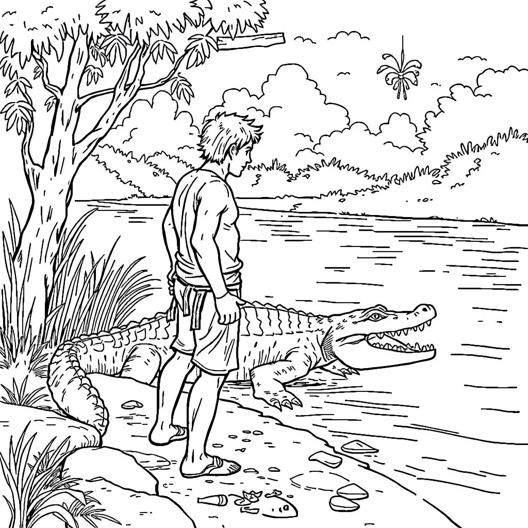 Human vs Crocodile in Tropical Wilderness Scene Coloring Page (free black-and-white line drawing printable PDF for all, from beginners to advanced learners, including children, teens, adults, and seniors)