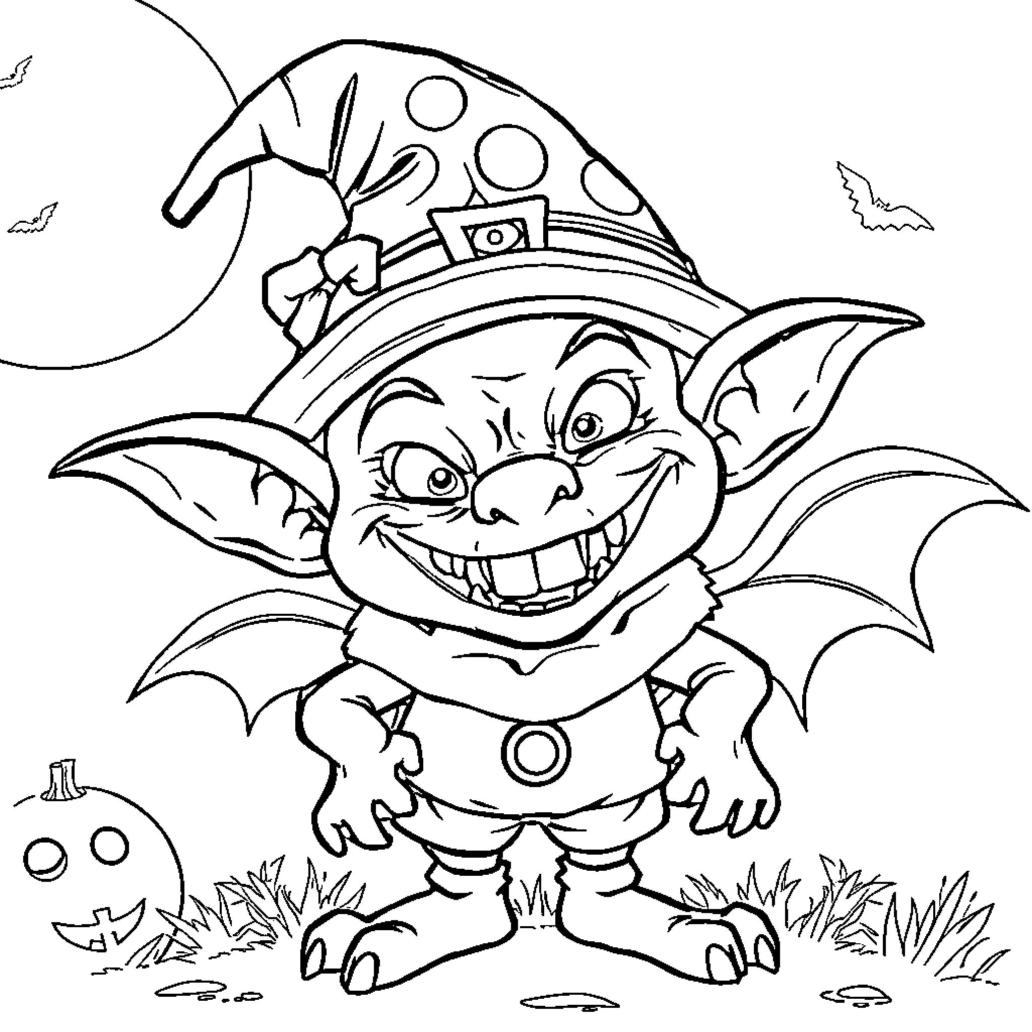 Goblin with Mischievous Expression and Whimsical Outfit Coloring Page (free black-and-white line drawing printable PDF for all, from beginners to advanced learners, including children, teens, adults, and seniors)