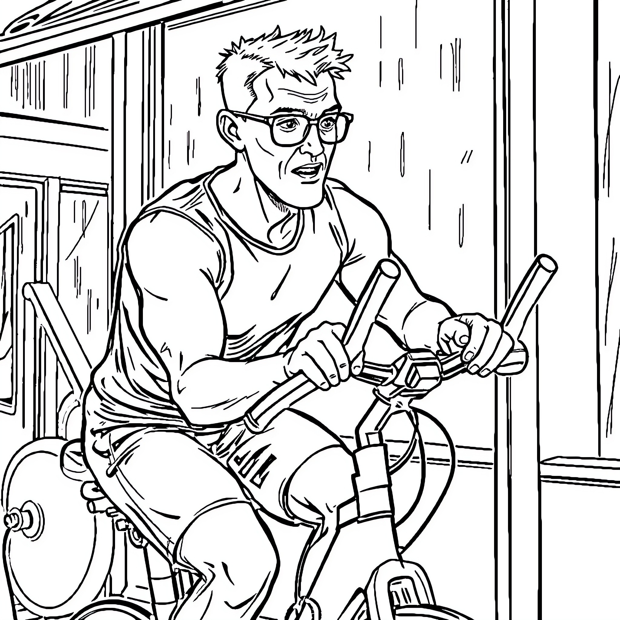 Man working on a bike repair project in workshop Coloring Page (free black-and-white line drawing printable PDF for all, from beginners to advanced learners, including children, teens, adults, and seniors)