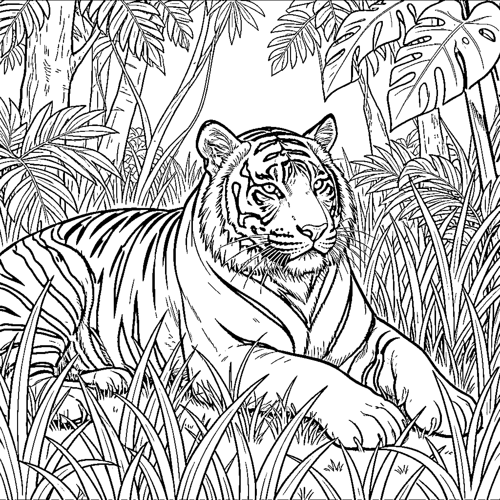 Tiger prowling through lush jungle vegetation Coloring Page (free black-and-white line drawing printable PDF for all, from beginners to advanced learners, including children, teens, adults, and seniors)