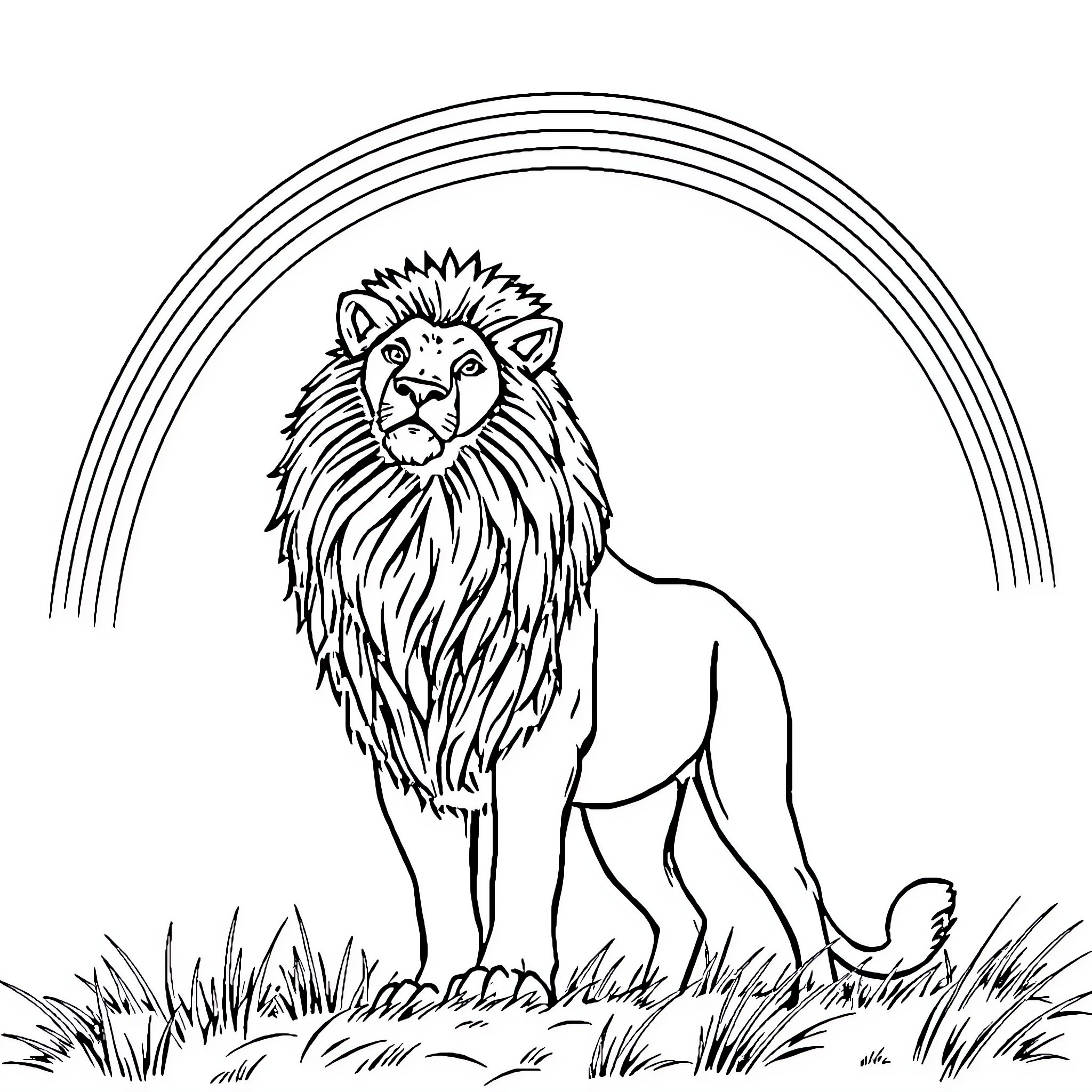 Lion standing proudly in a grassy field Coloring Page (free black-and-white line drawing printable PDF for all, from beginners to advanced learners, including children, teens, adults, and seniors)