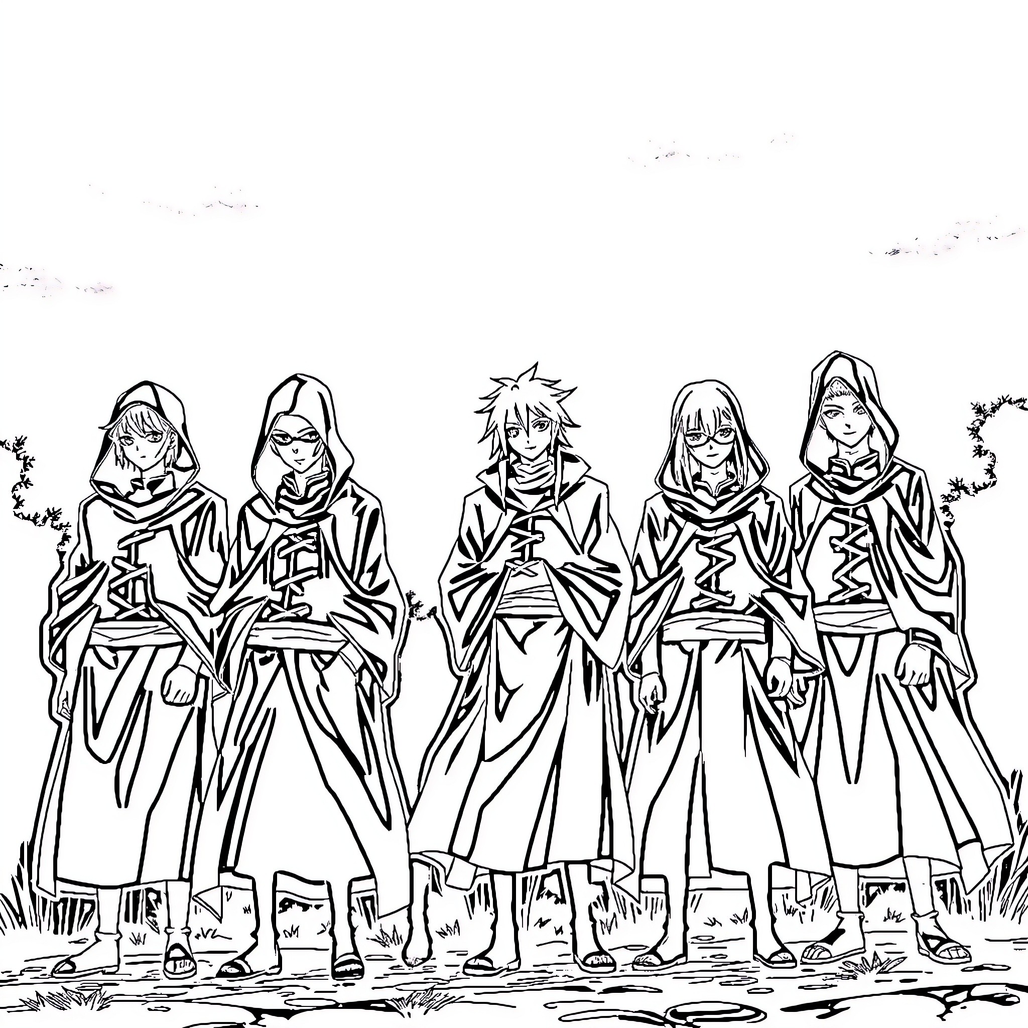 Akatsuki members in distinctive outfits and poses Coloring Page (free black-and-white line drawing printable PDF for all, from beginners to advanced learners, including children, teens, adults, and seniors)