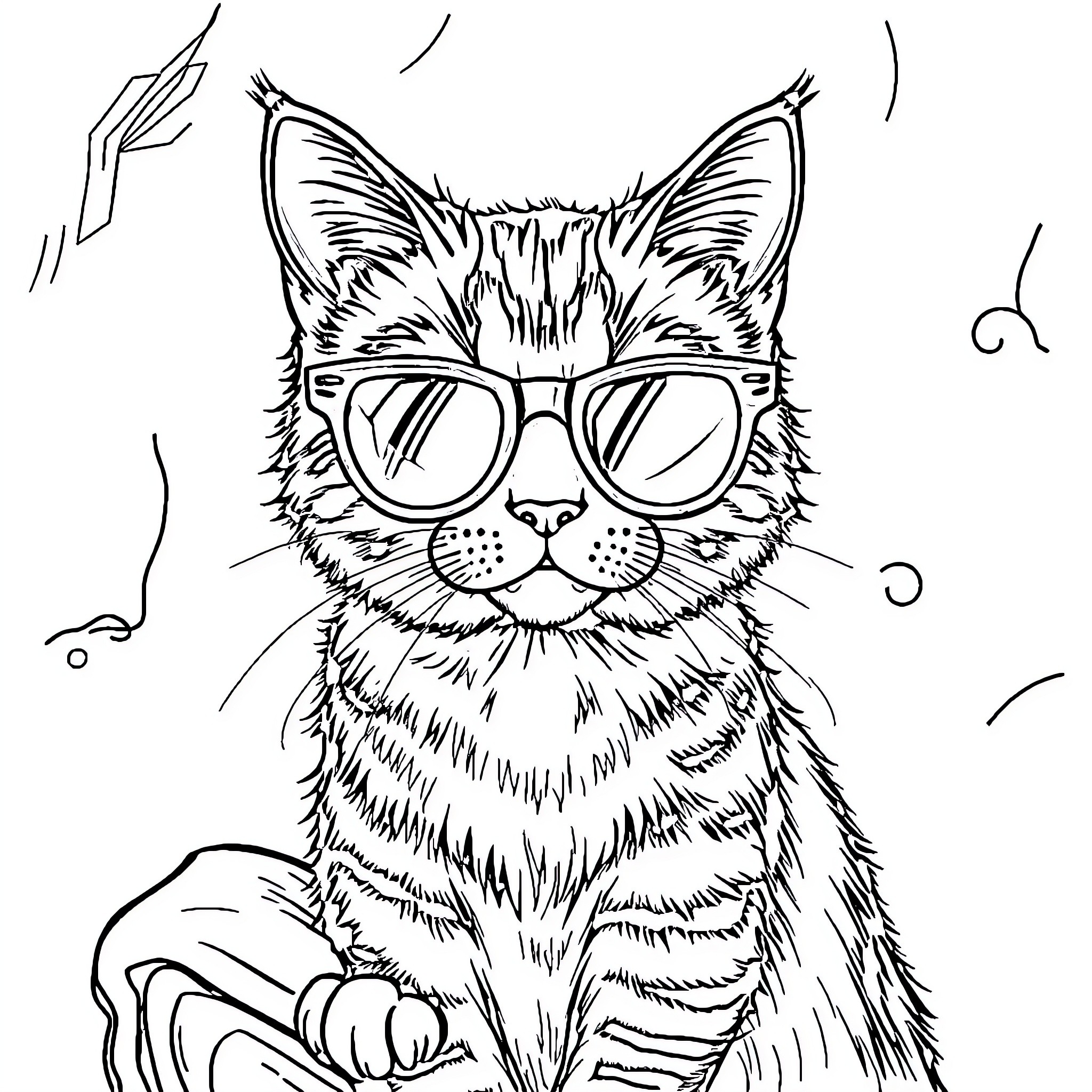 Kitten with stylish sunglasses Coloring Page (free black-and-white line drawing printable PDF for all, from beginners to advanced learners, including children, teens, adults, and seniors)