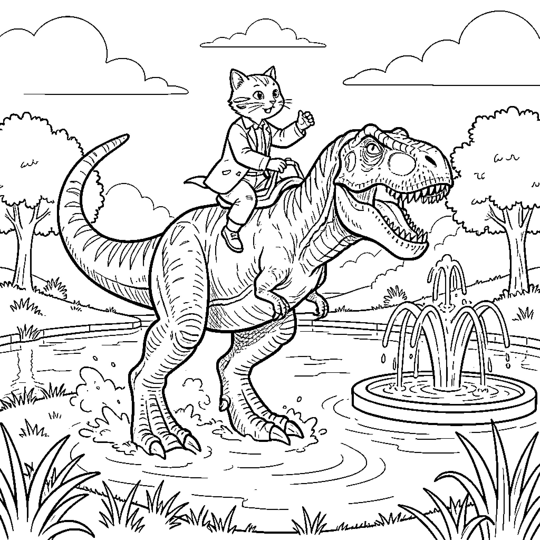 Gato wearing a suit riding a large dinosaur Coloring Page (free black-and-white line drawing printable PDF for all, from beginners to advanced learners, including children, teens, adults, and seniors)