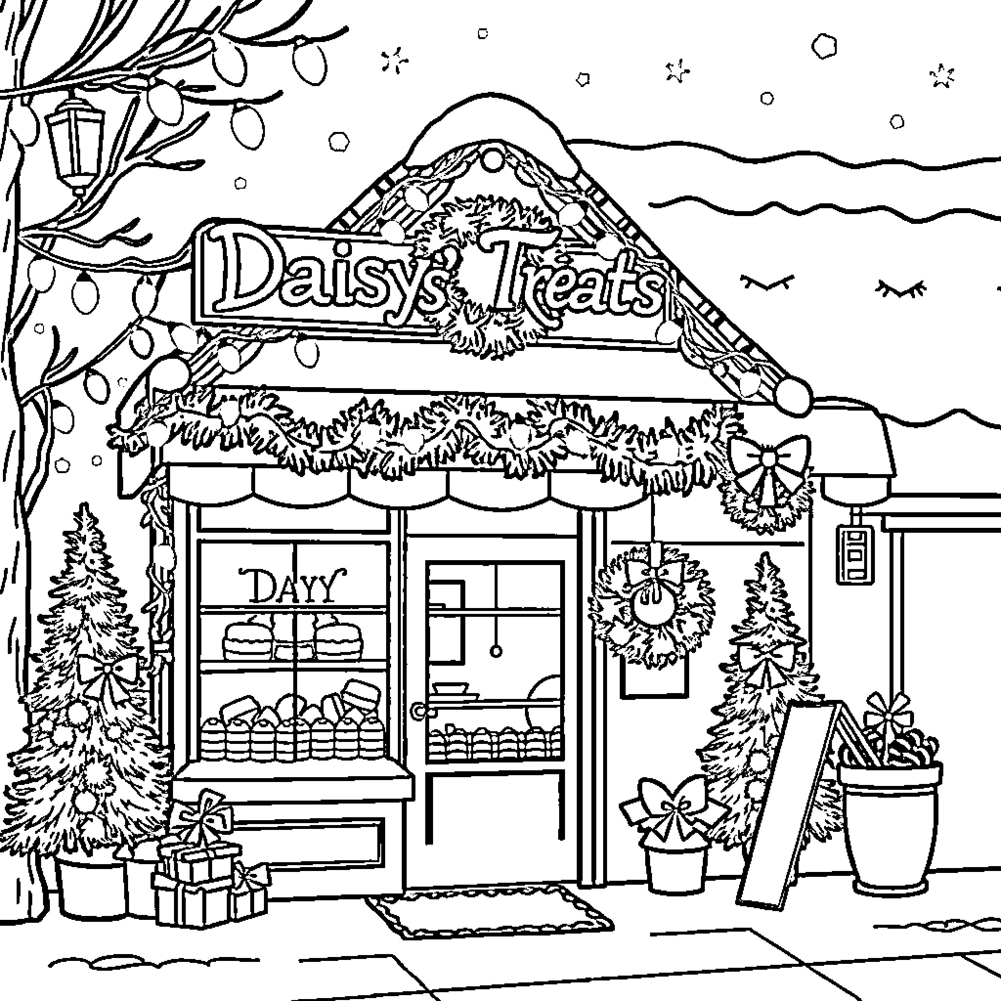 Daisy's Treats: A Winter Wonderland Shop Coloring Page (free black-and-white line drawing printable PDF for all, from beginners to advanced learners, including children, teens, adults, and seniors)