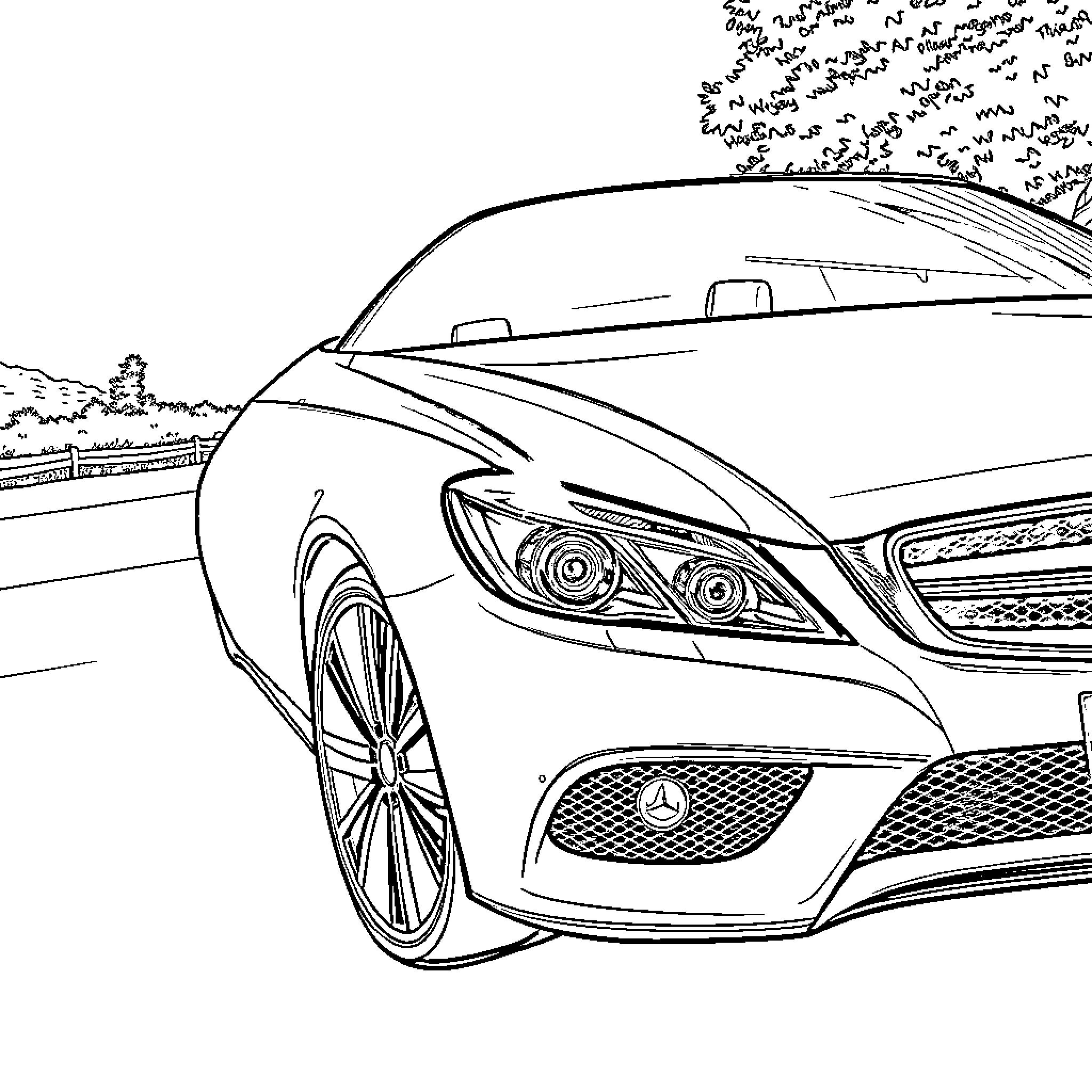 Mercedes E350 speeding through the countryside Coloring Page (free black-and-white line drawing printable PDF for all, from beginners to advanced learners, including children, teens, adults, and seniors)