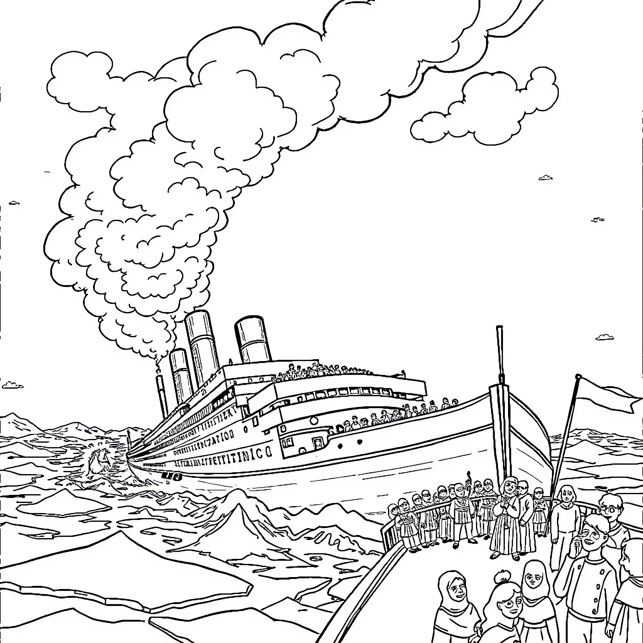 Titanic Ship Sinking in Dramatic Scene Coloring Page (free black-and-white line drawing printable PDF for all, from beginners to advanced learners, including children, teens, adults, and seniors)
