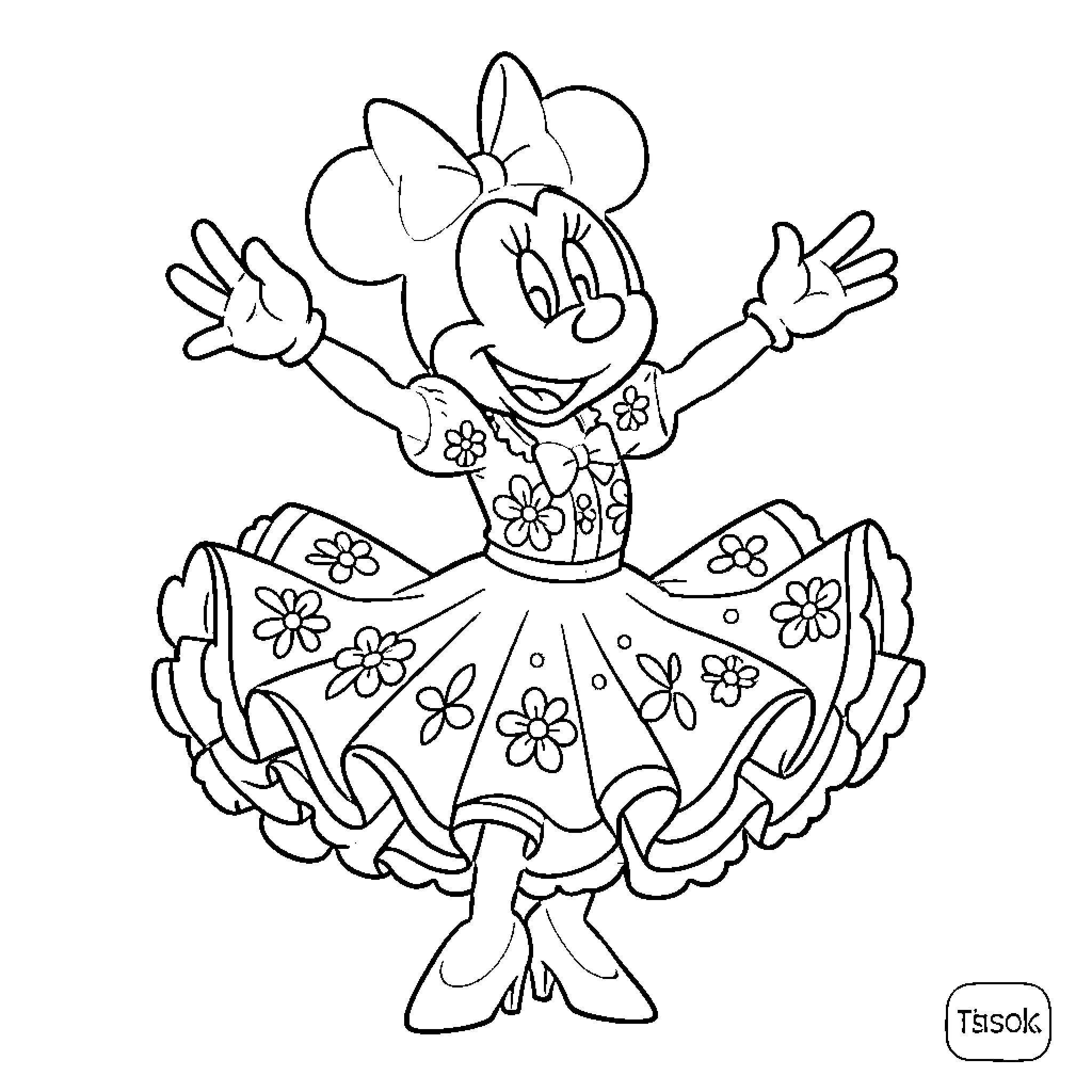 Minnie Mouse in a Floral Dress Striking a Pose Coloring Page (free black-and-white line drawing printable PDF for all, from beginners to advanced learners, including children, teens, adults, and seniors)