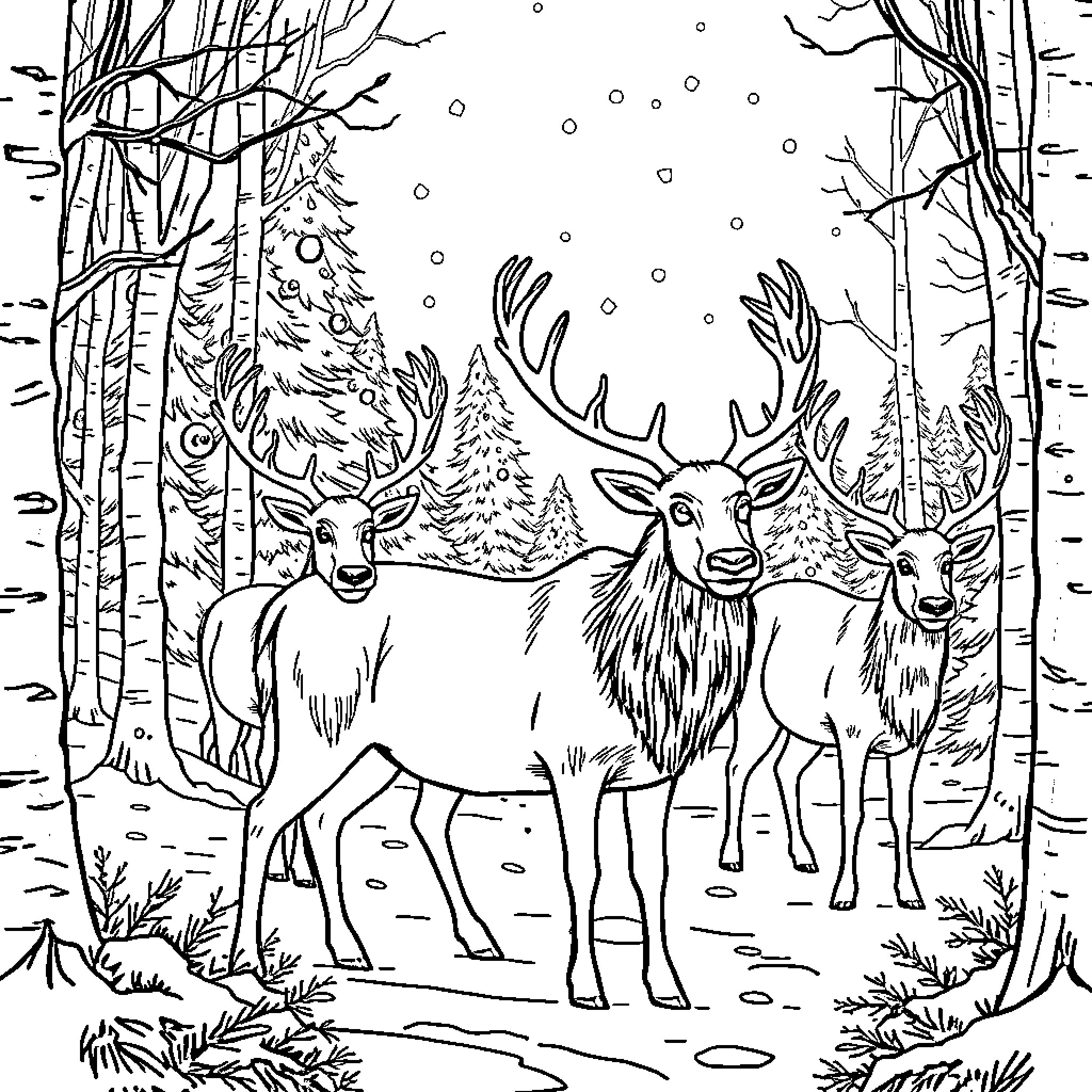 Reindeer in a snowy forest scene Coloring Page (free black-and-white line drawing printable PDF for all, from beginners to advanced learners, including children, teens, adults, and seniors)