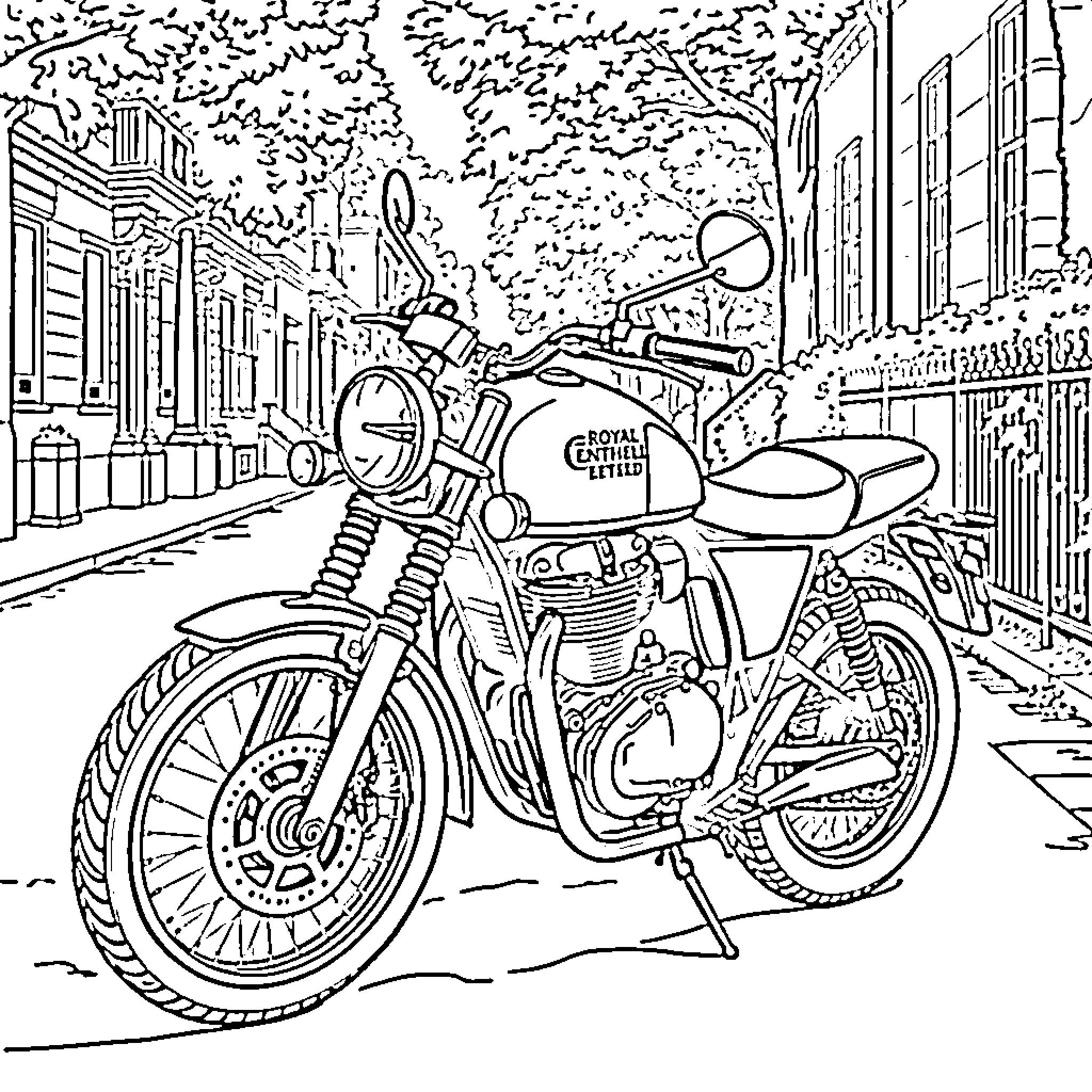 Royal Enfield motorcycle on a city street Coloring Page (free black-and-white line drawing printable PDF for all, from beginners to advanced learners, including children, teens, adults, and seniors)