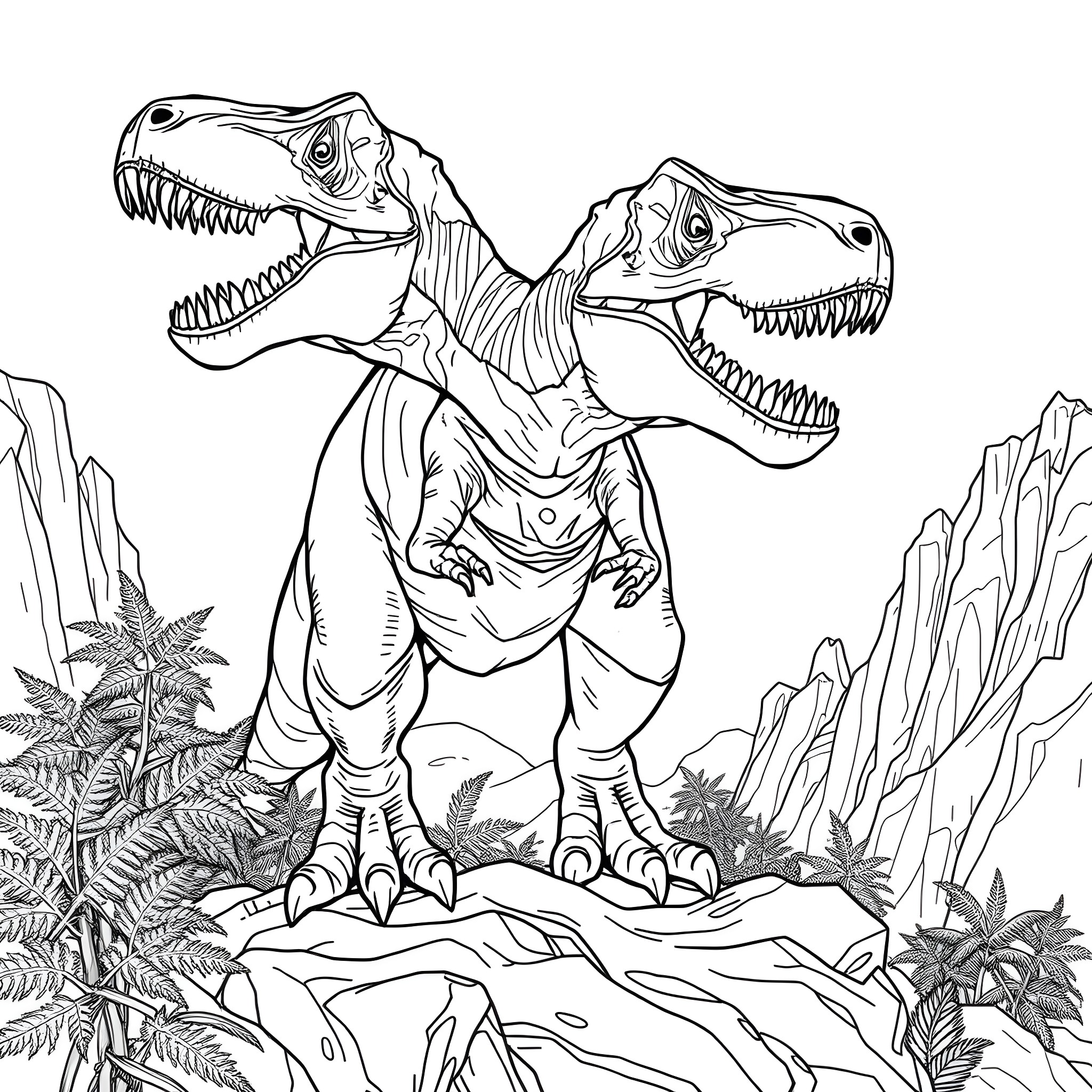Tyrannosaurus Rex Duo Roaring in the Prehistoric Landscape Coloring Page (free black-and-white line drawing printable PDF for all, from beginners to advanced learners, including children, teens, adults, and seniors)