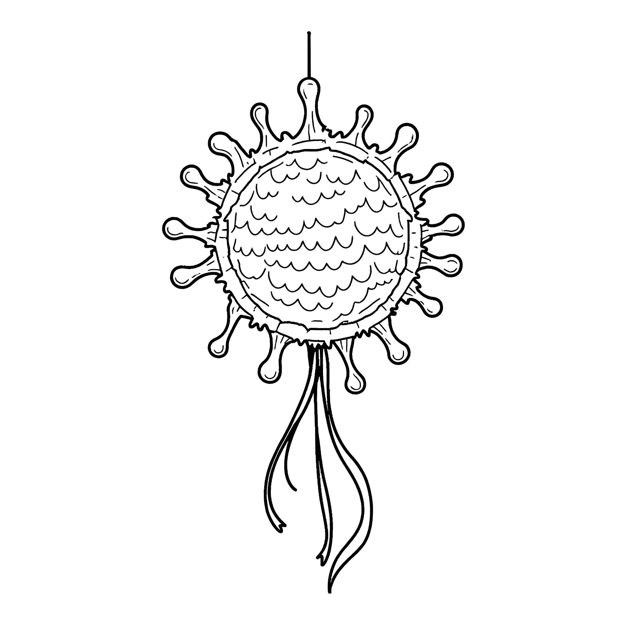 Virus depicted as an ornate, spiky sphere Coloring Page (free black-and-white line drawing printable PDF for all, from beginners to advanced learners, including children, teens, adults, and seniors)