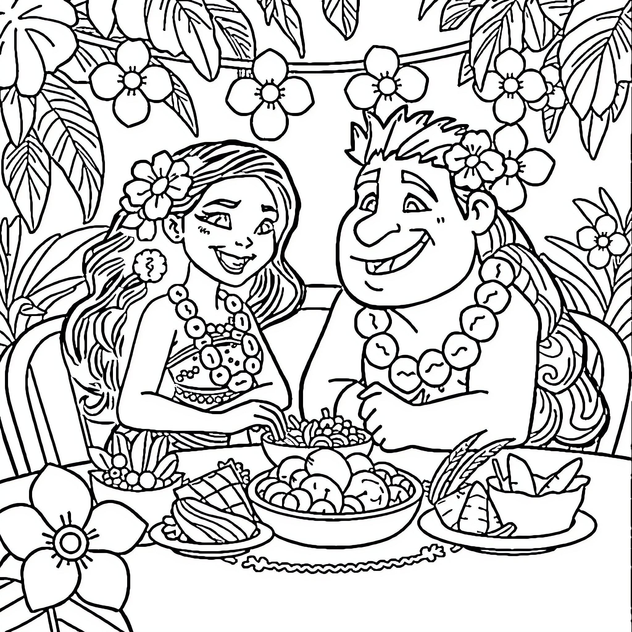 Moana and Maui enjoying a festive tropical feast Coloring Page (free black-and-white line drawing printable PDF for all, from beginners to advanced learners, including children, teens, adults, and seniors)