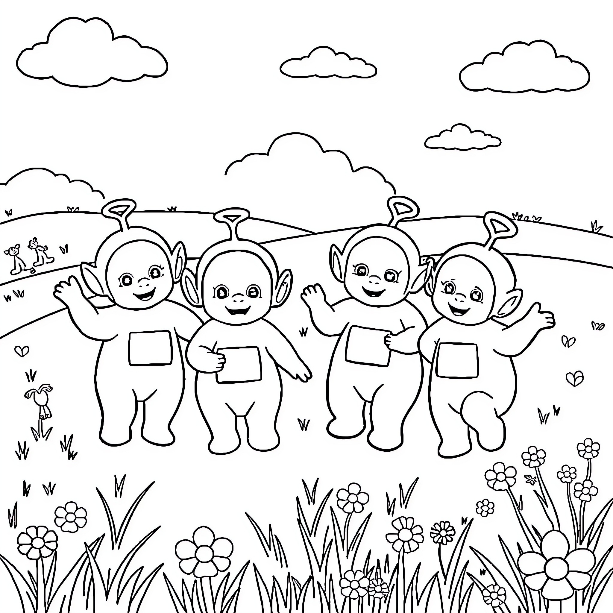 Teletubbies playing happily in a scenic outdoor setting Coloring Page (free black-and-white line drawing printable PDF for all, from beginners to advanced learners, including children, teens, adults, and seniors)