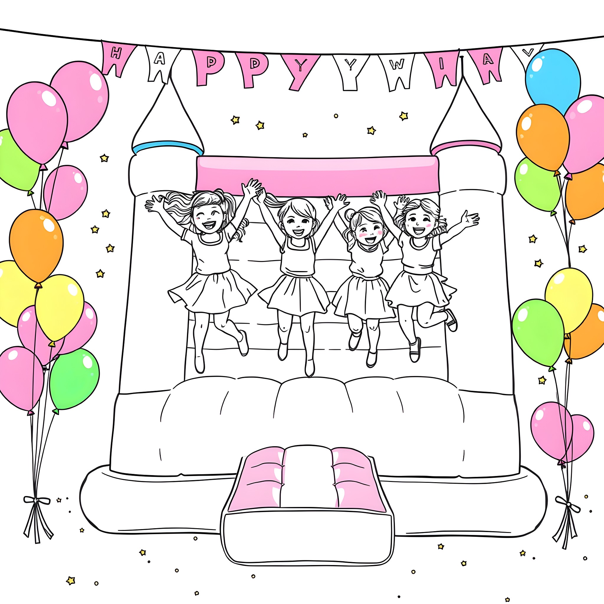Girls jumping happily at a birthday party Coloring Page (free black-and-white line drawing printable PDF for all, from beginners to advanced learners, including children, teens, adults, and seniors)