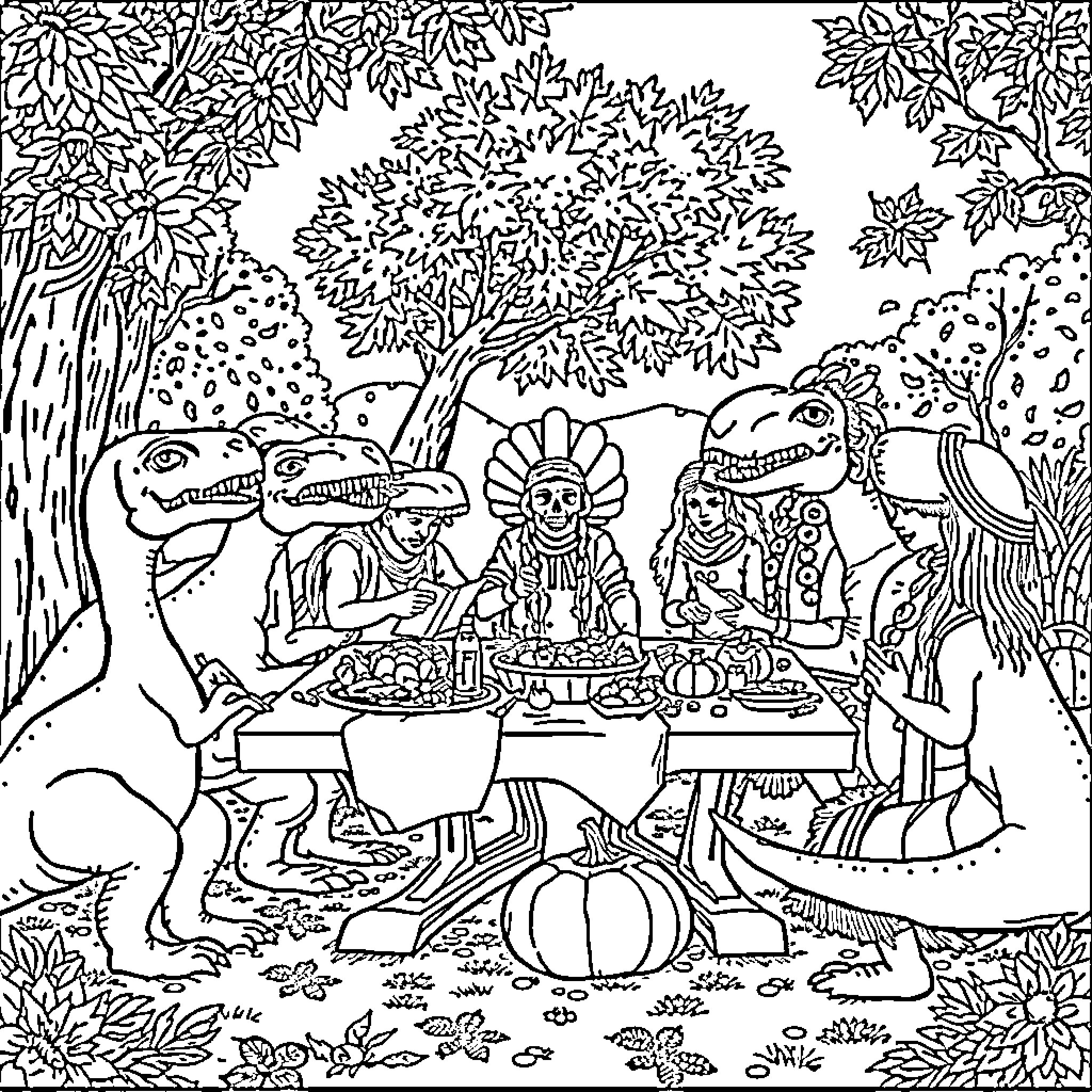 Dinosaur Feast and Celebration in the Forest Coloring Page (free black-and-white line drawing printable PDF for all, from beginners to advanced learners, including children, teens, adults, and seniors)