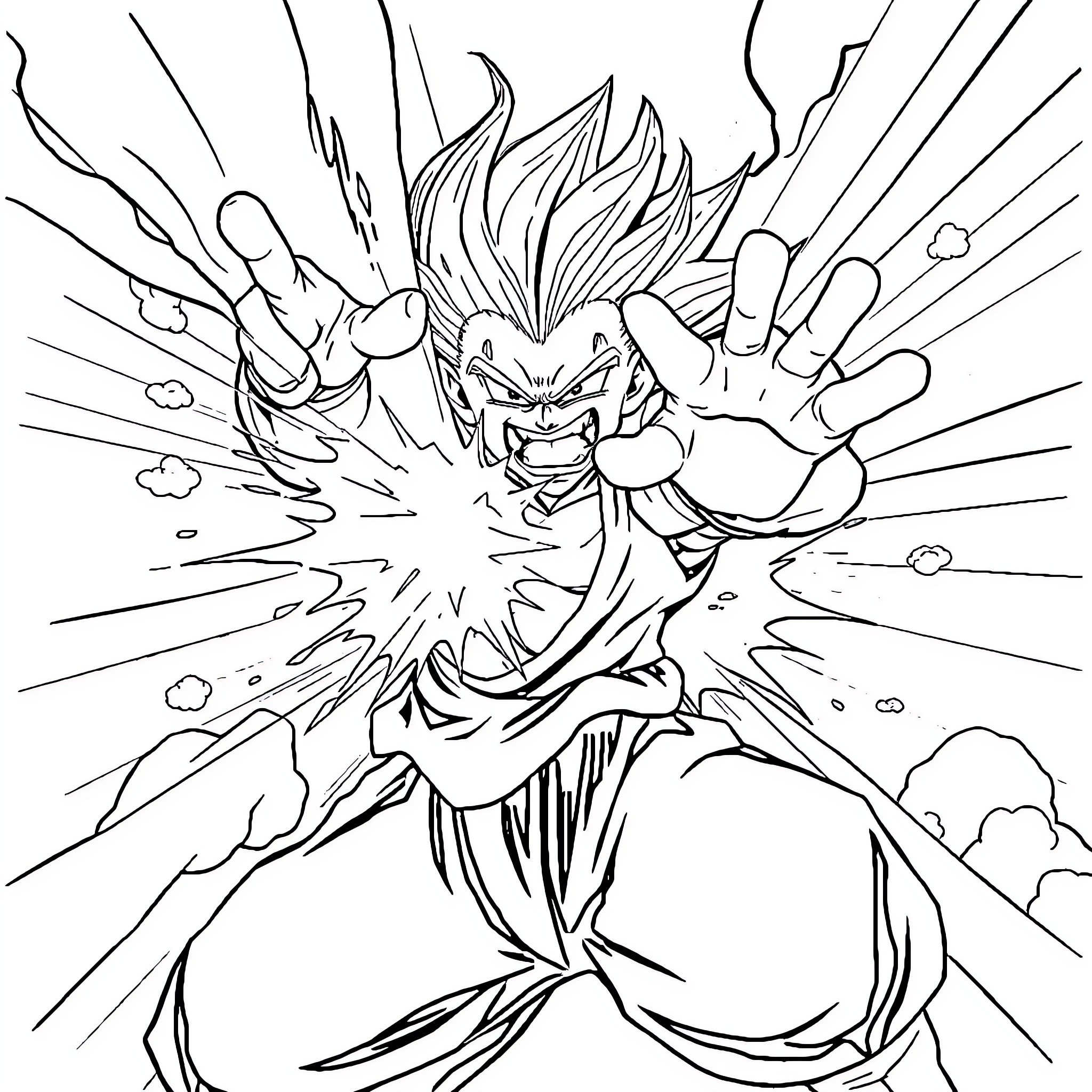 Majin Boo Unleashing Powerful Energy Attack Coloring Page (free black-and-white line drawing printable PDF for all, from beginners to advanced learners, including children, teens, adults, and seniors)