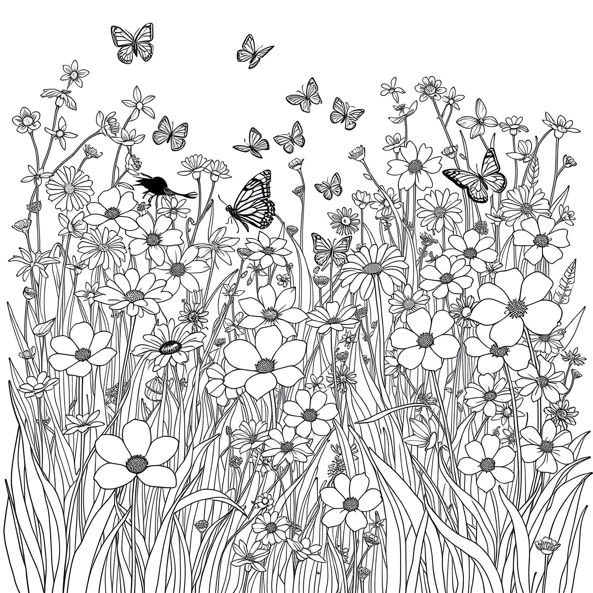 Flower garden with butterflies and blooming plants Coloring Page (free black-and-white line drawing printable PDF for all, from beginners to advanced learners, including children, teens, adults, and seniors)