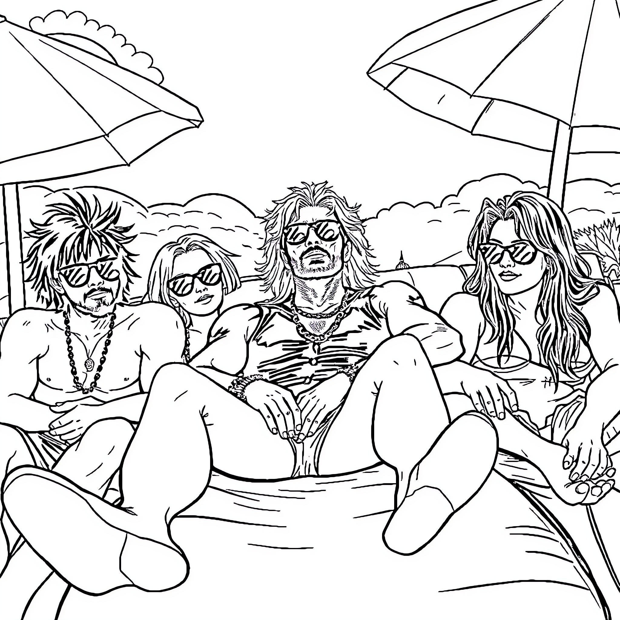 Singer relaxing with friends at the beach Coloring Page (free black-and-white line drawing printable PDF for all, from beginners to advanced learners, including children, teens, adults, and seniors)