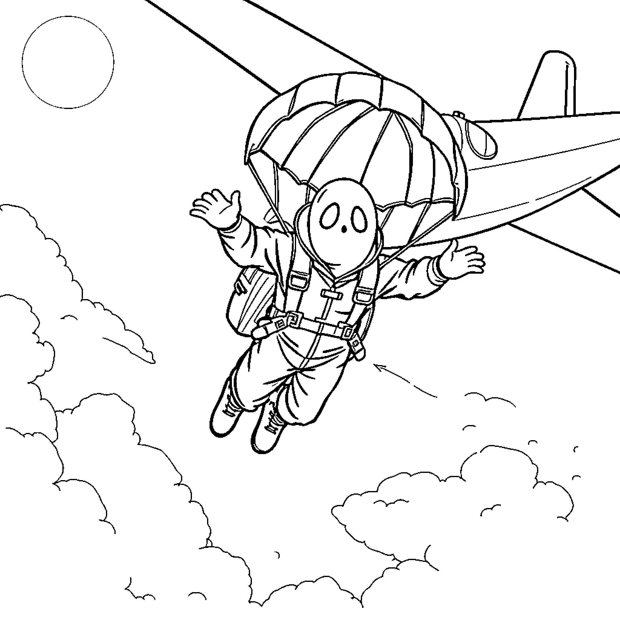 Ghost parachuting from an airplane in the sky Coloring Page (free black-and-white line drawing printable PDF for all, from beginners to advanced learners, including children, teens, adults, and seniors)