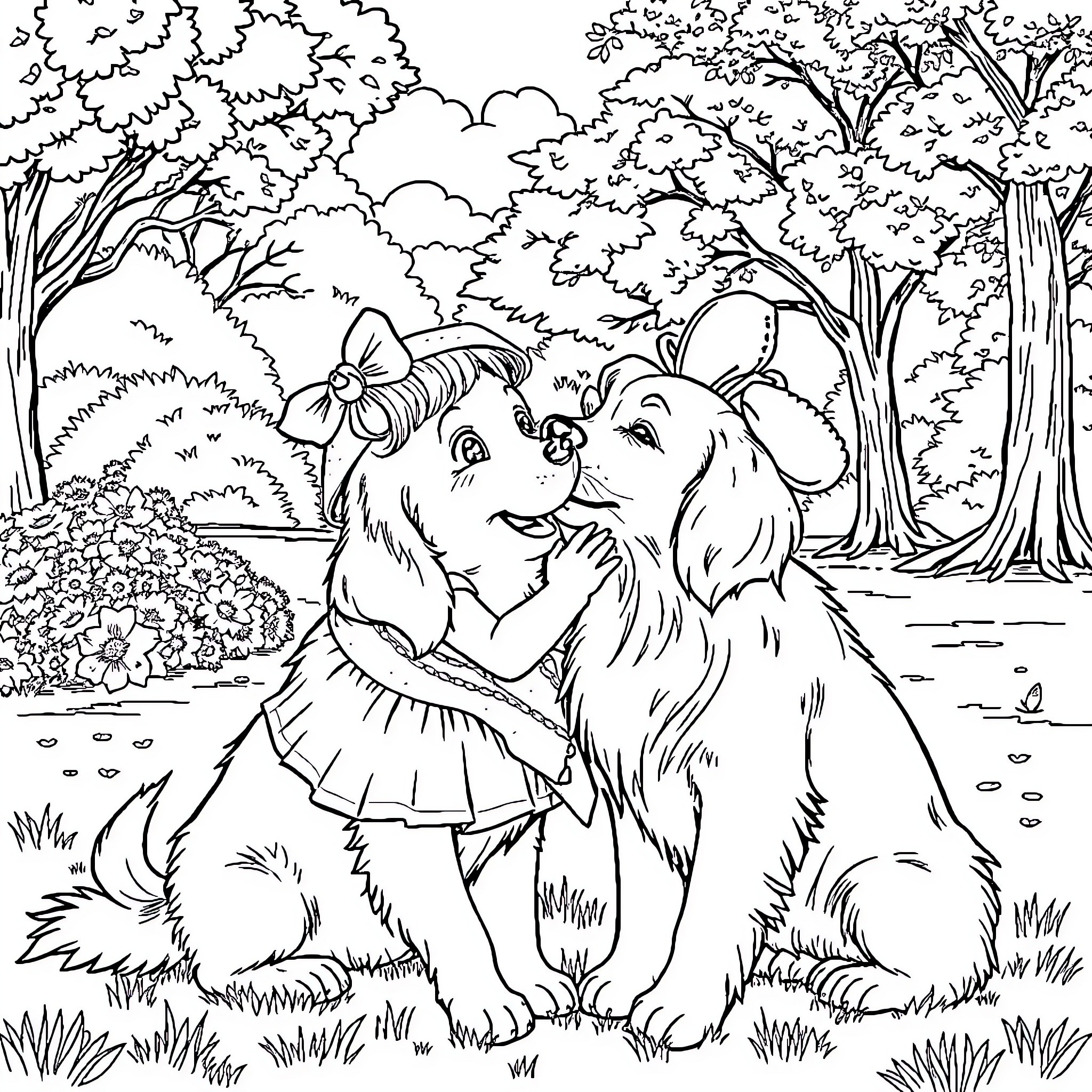 Dog Pair Cuddling Affectionately in Serene Forest Coloring Page (free black-and-white line drawing printable PDF for all, from beginners to advanced learners, including children, teens, adults, and seniors)