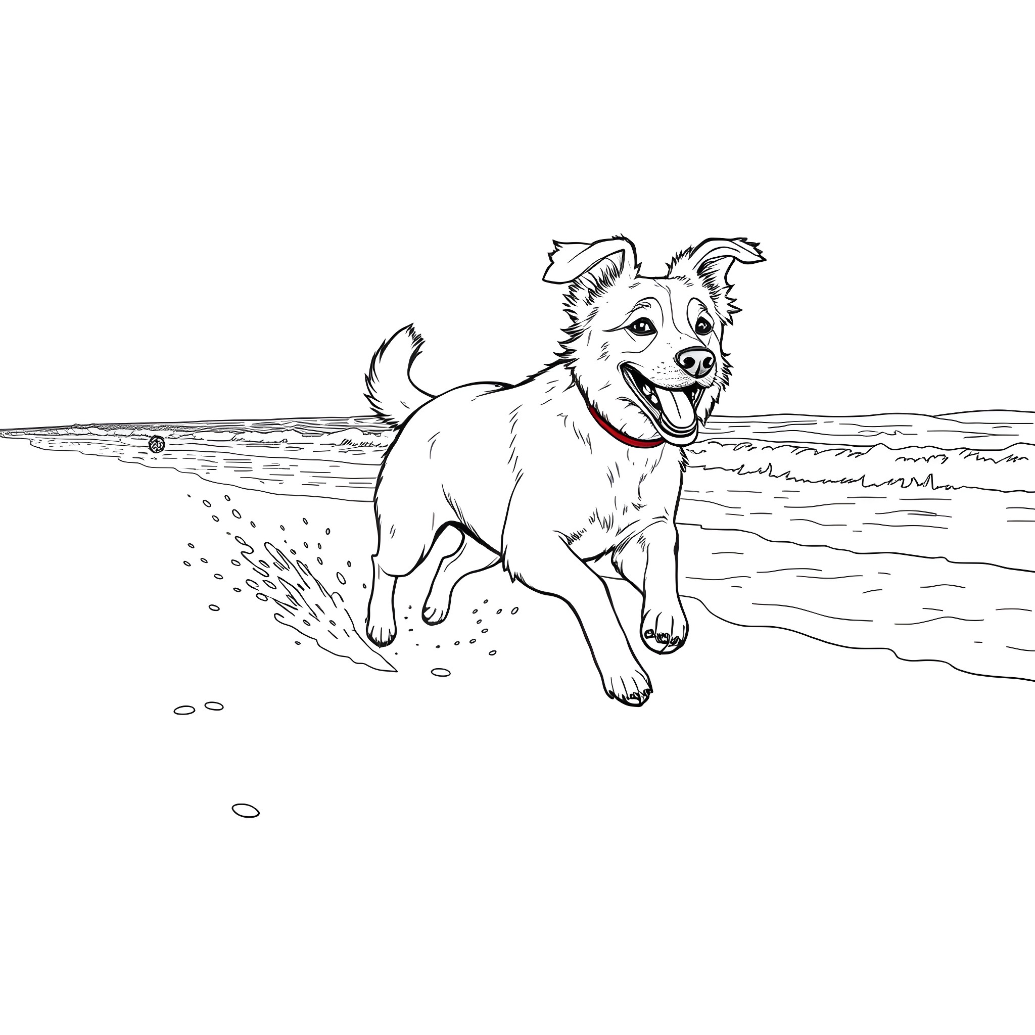 Dog playing happily at the beach Coloring Page (free black-and-white line drawing printable PDF for all, from beginners to advanced learners, including children, teens, adults, and seniors)