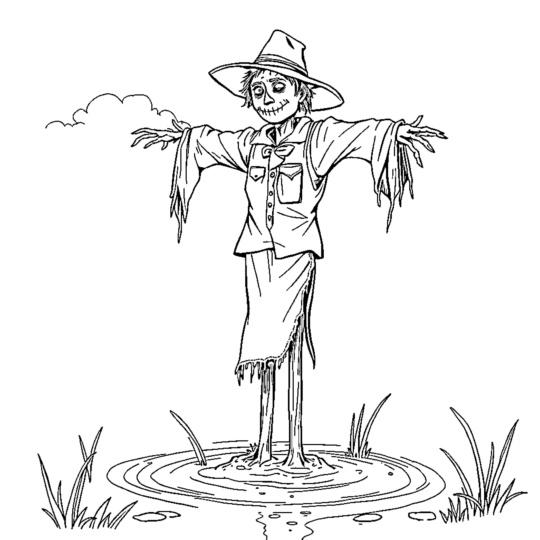 Scarecrow standing in a field with raised arms Coloring Page (free black-and-white line drawing printable PDF for all, from beginners to advanced learners, including children, teens, adults, and seniors)