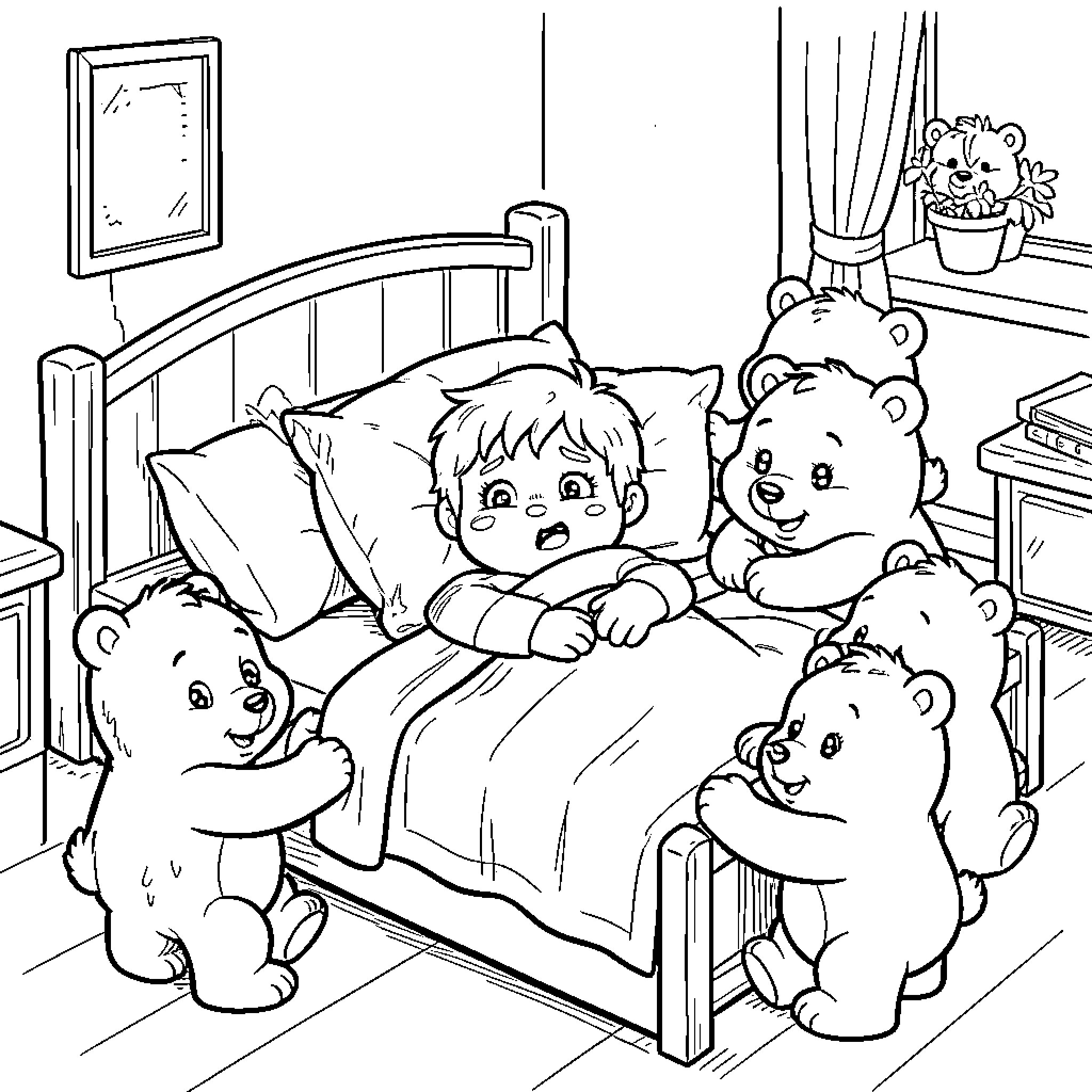 Care Bear friends comfort a sick child in bed Coloring Page (free black-and-white line drawing printable PDF for all, from beginners to advanced learners, including children, teens, adults, and seniors)