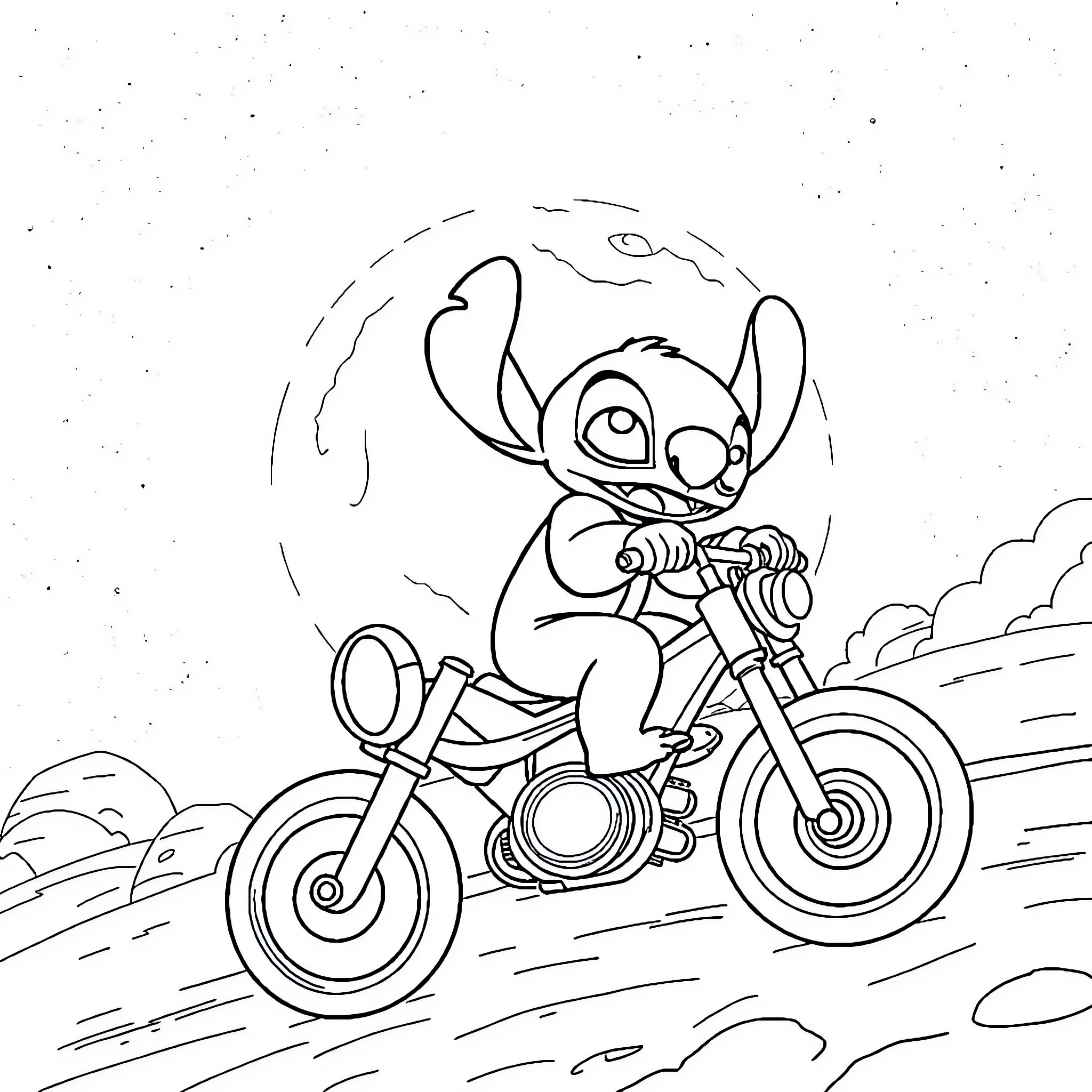 Stitch riding a motorcycle under the stars Coloring Page (free black-and-white line drawing printable PDF for all, from beginners to advanced learners, including children, teens, adults, and seniors)