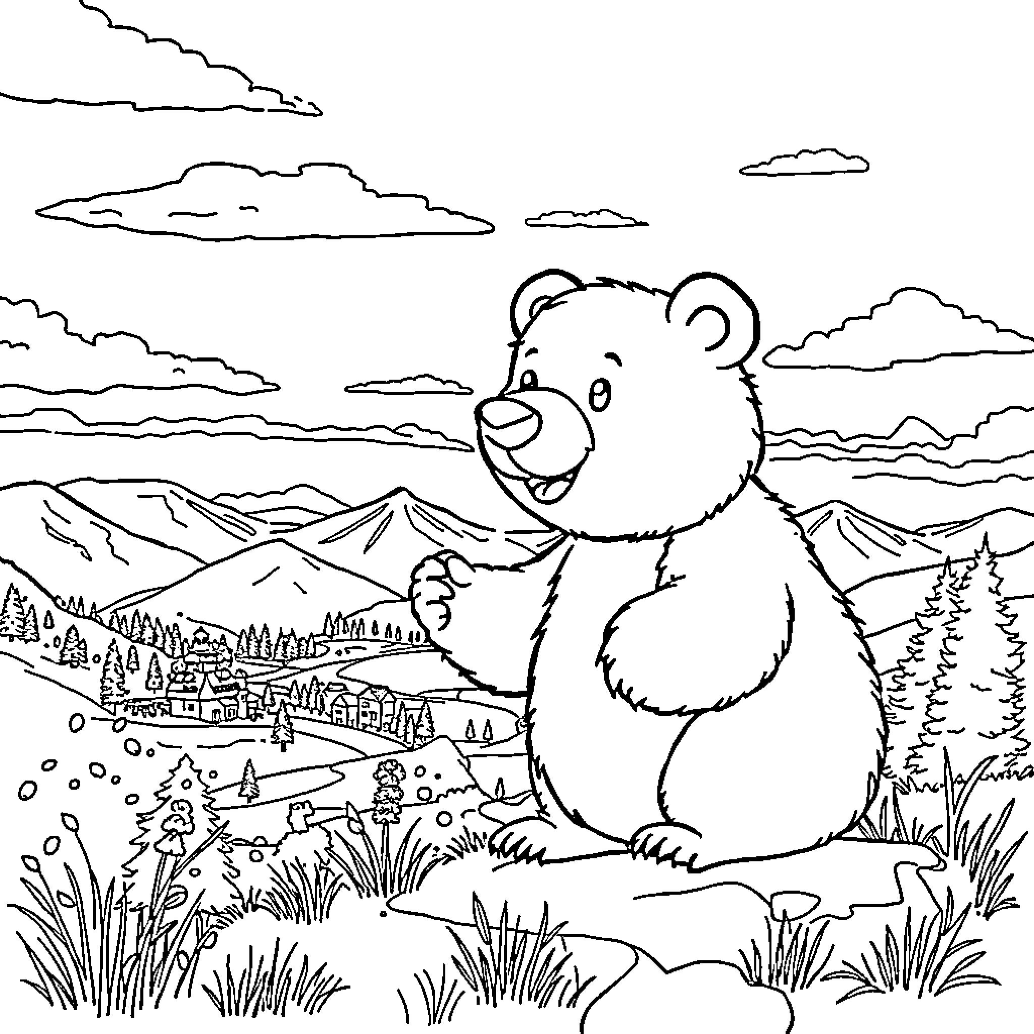 Bamse exploring the scenic mountain landscape Coloring Page (free black-and-white line drawing printable PDF for all, from beginners to advanced learners, including children, teens, adults, and seniors)