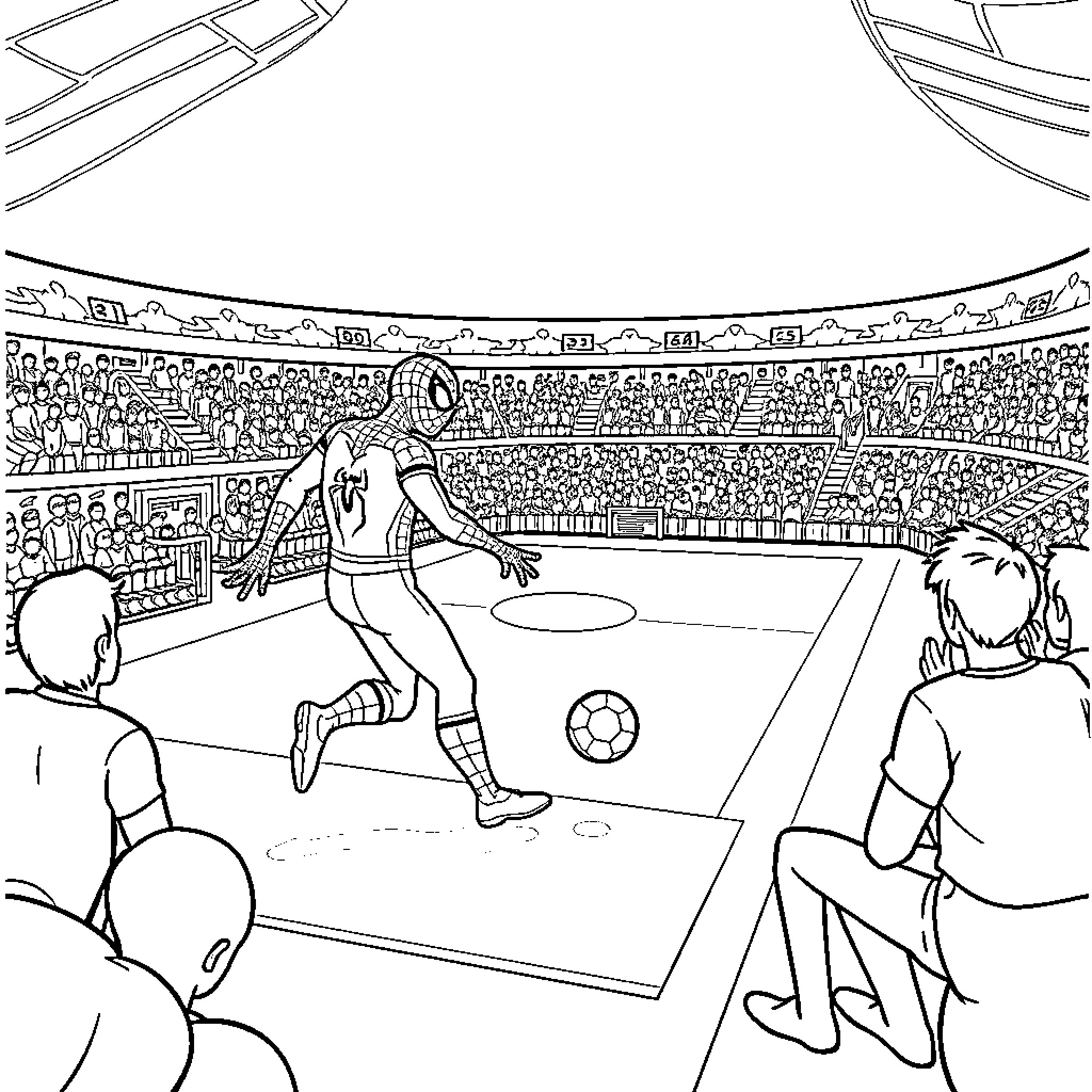 Spiderman playing soccer in a crowded stadium Coloring Page (free black-and-white line drawing printable PDF for all, from beginners to advanced learners, including children, teens, adults, and seniors)