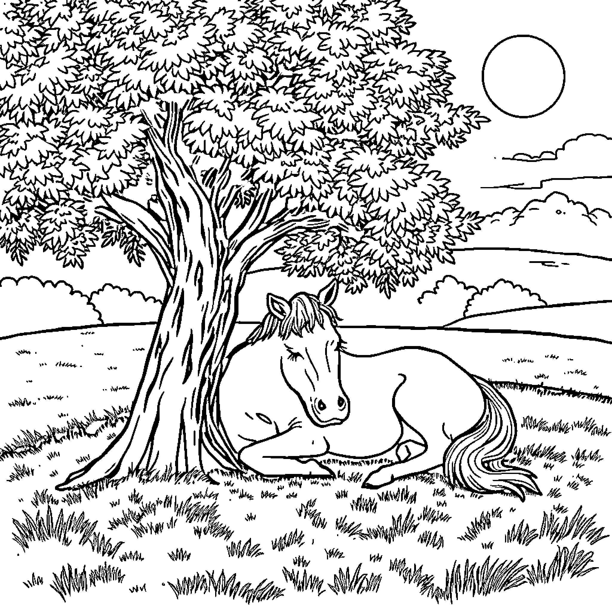 Horse resting peacefully under a large tree Coloring Page (free black-and-white line drawing printable PDF for all, from beginners to advanced learners, including children, teens, adults, and seniors)