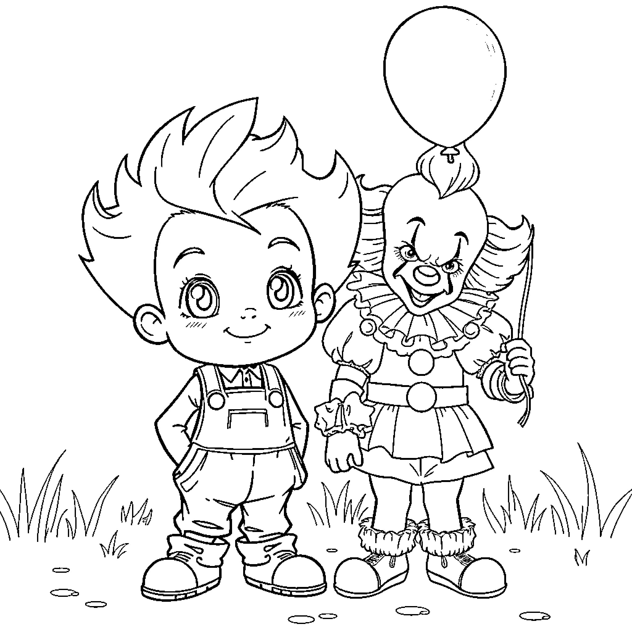 Chuckie and Clowny Enjoying a Playful Moment Coloring Page (free black-and-white line drawing printable PDF for all, from beginners to advanced learners, including children, teens, adults, and seniors)
