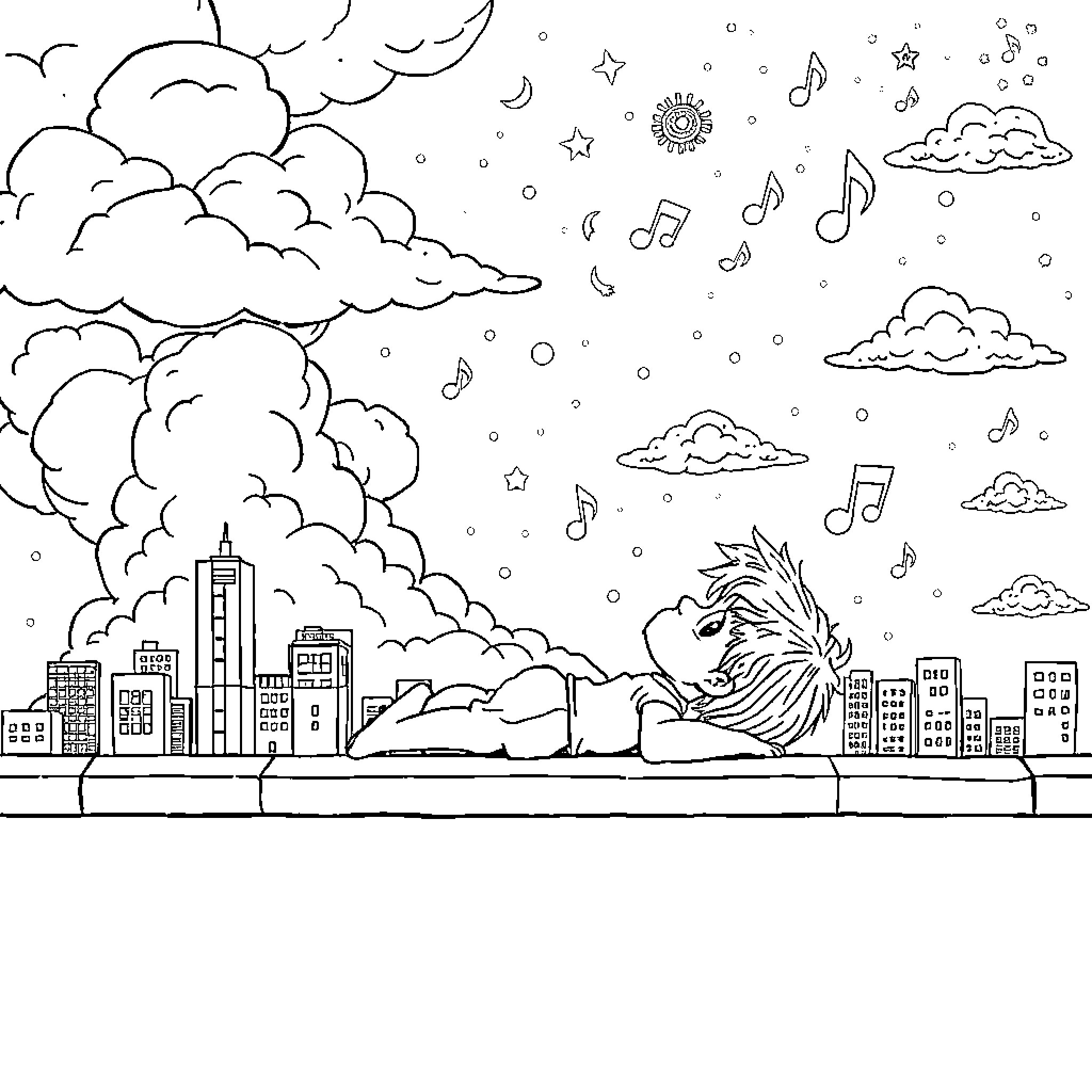 Kid Imagines a Whimsical City Skyline Coloring Page (free black-and-white line drawing printable PDF for all, from beginners to advanced learners, including children, teens, adults, and seniors)