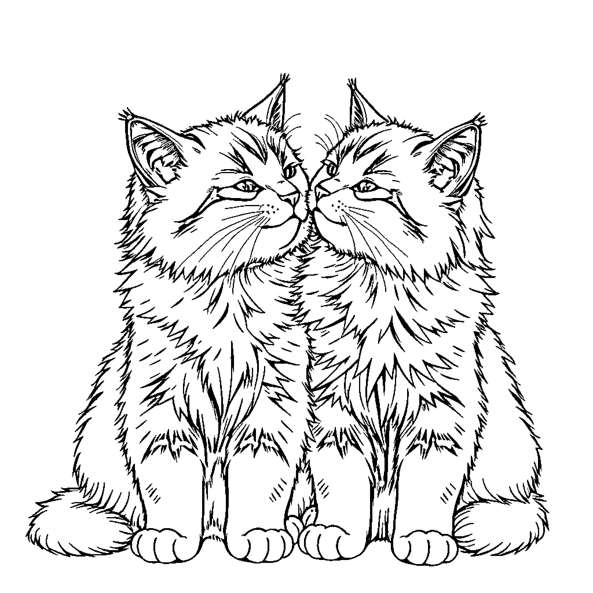 Cats sitting together in black and white Coloring Page (free black-and-white line drawing printable PDF for all, from beginners to advanced learners, including children, teens, adults, and seniors)