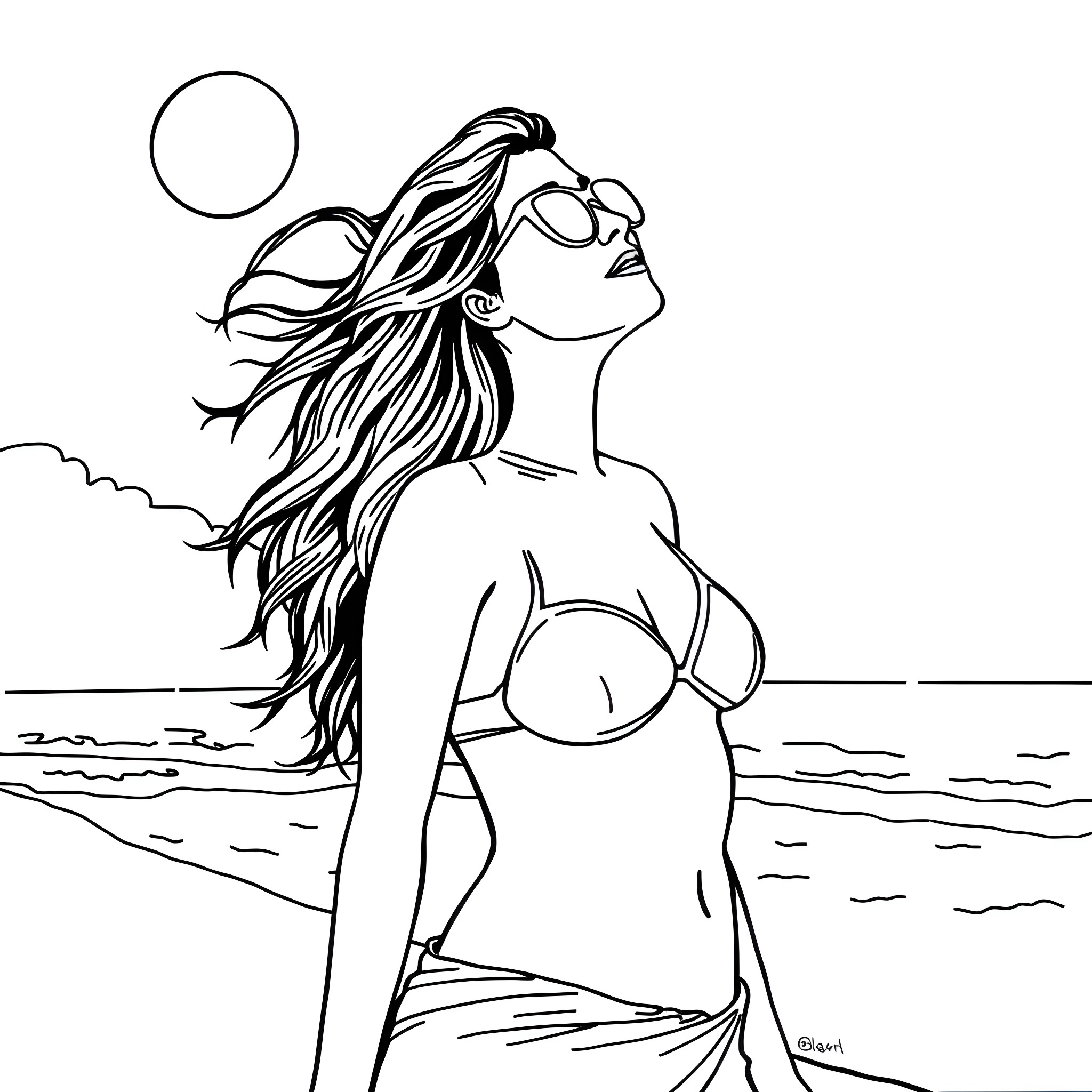 Angelina Jolie enjoying the sunset at the beach Coloring Page (free black-and-white line drawing printable PDF for all, from beginners to advanced learners, including children, teens, adults, and seniors)