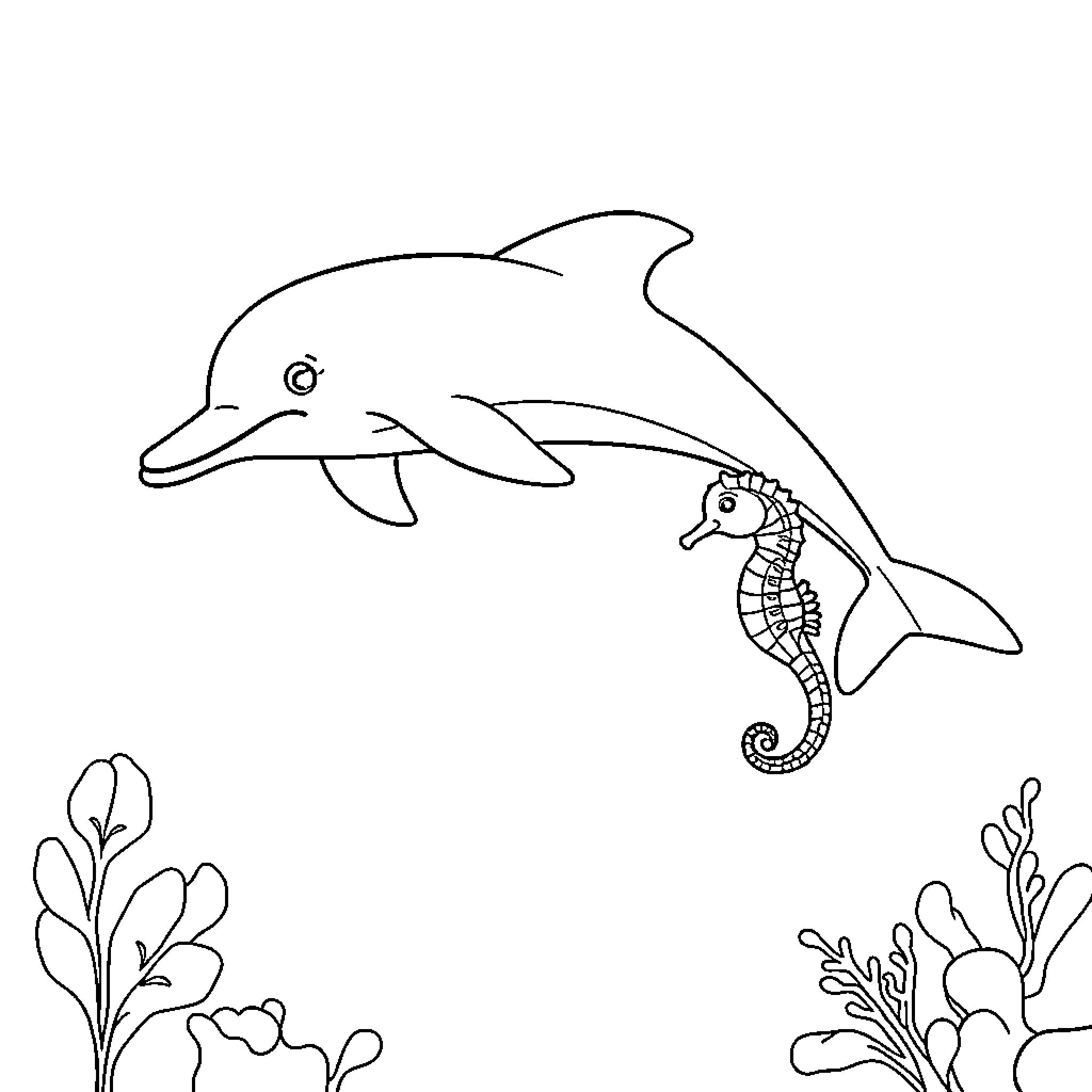 Dolphin swimming with seahorse in the ocean Coloring Page (free black-and-white line drawing printable PDF for all, from beginners to advanced learners, including children, teens, adults, and seniors)