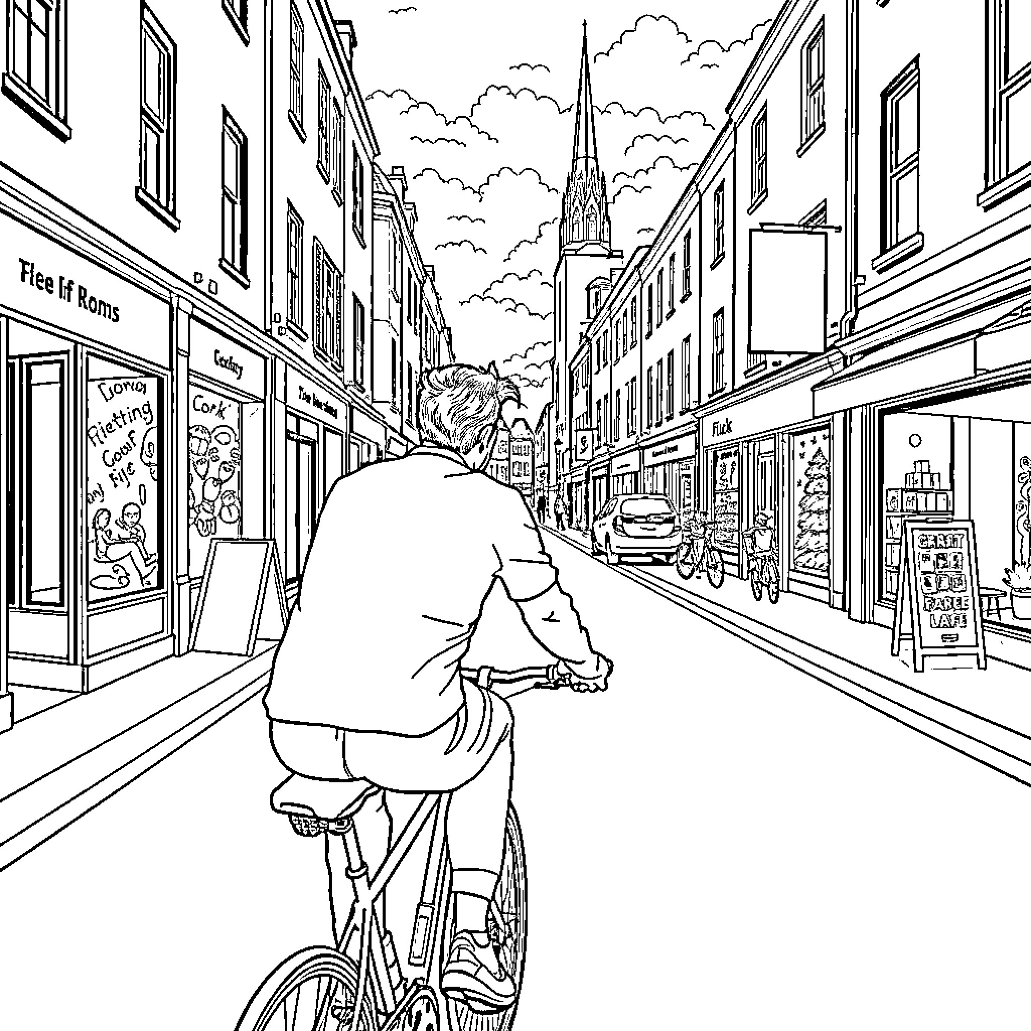 Guy riding bicycle on a city street Coloring Page (free black-and-white line drawing printable PDF for all, from beginners to advanced learners, including children, teens, adults, and seniors)
