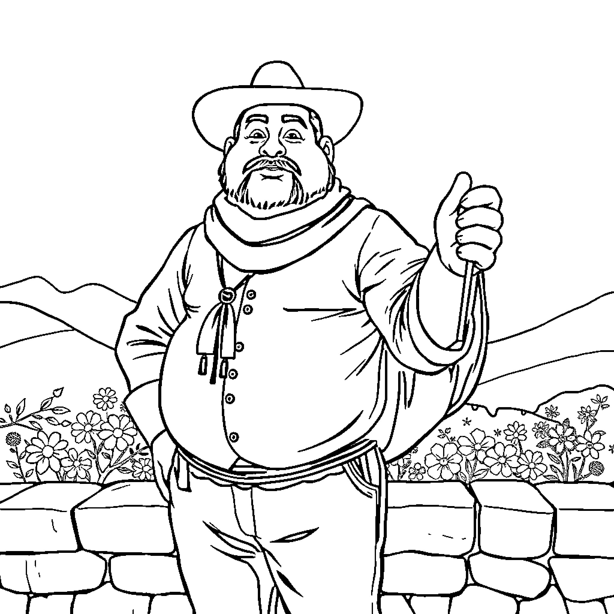 Smurf Cowboy Giving a Thumbs Up in the Countryside Coloring Page (free black-and-white line drawing printable PDF for all, from beginners to advanced learners, including children, teens, adults, and seniors)