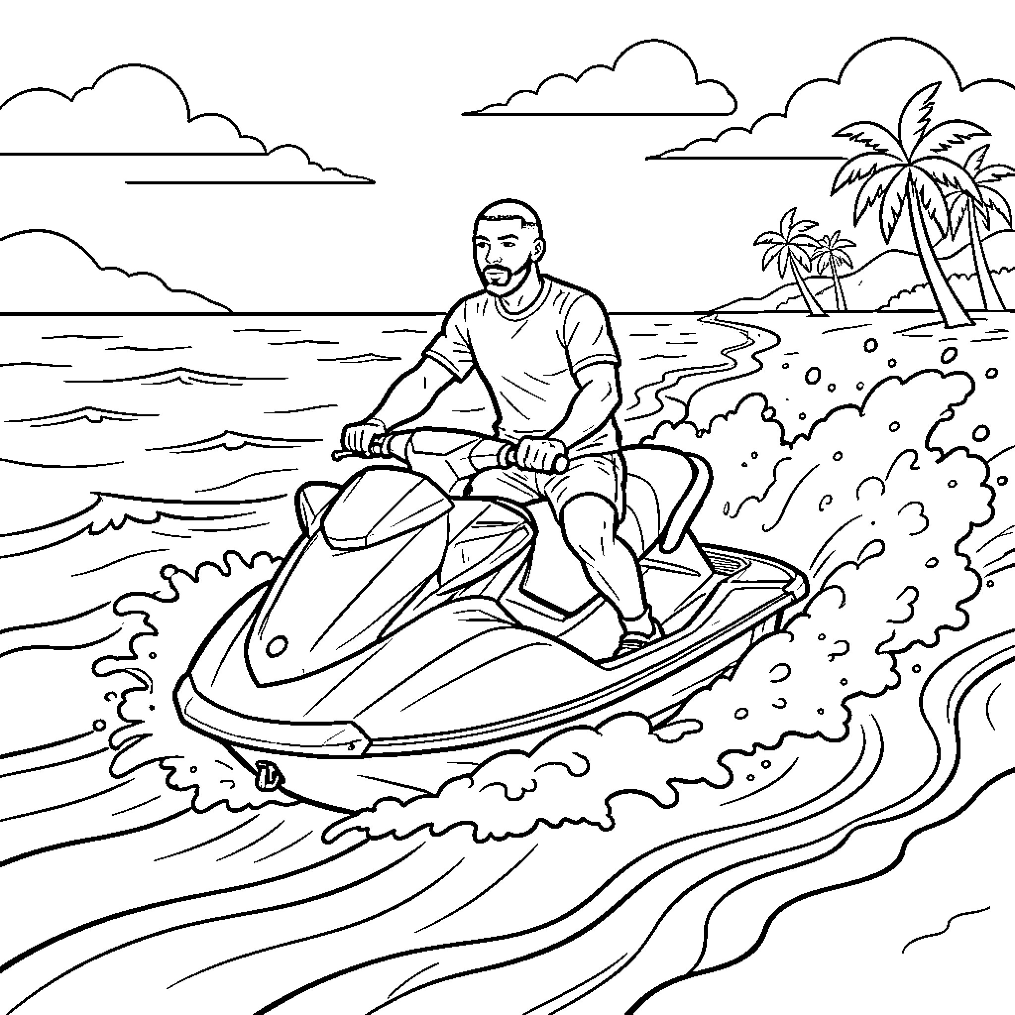 Mbappe riding a jet ski through ocean waves Coloring Page (free black-and-white line drawing printable PDF for all, from beginners to advanced learners, including children, teens, adults, and seniors)