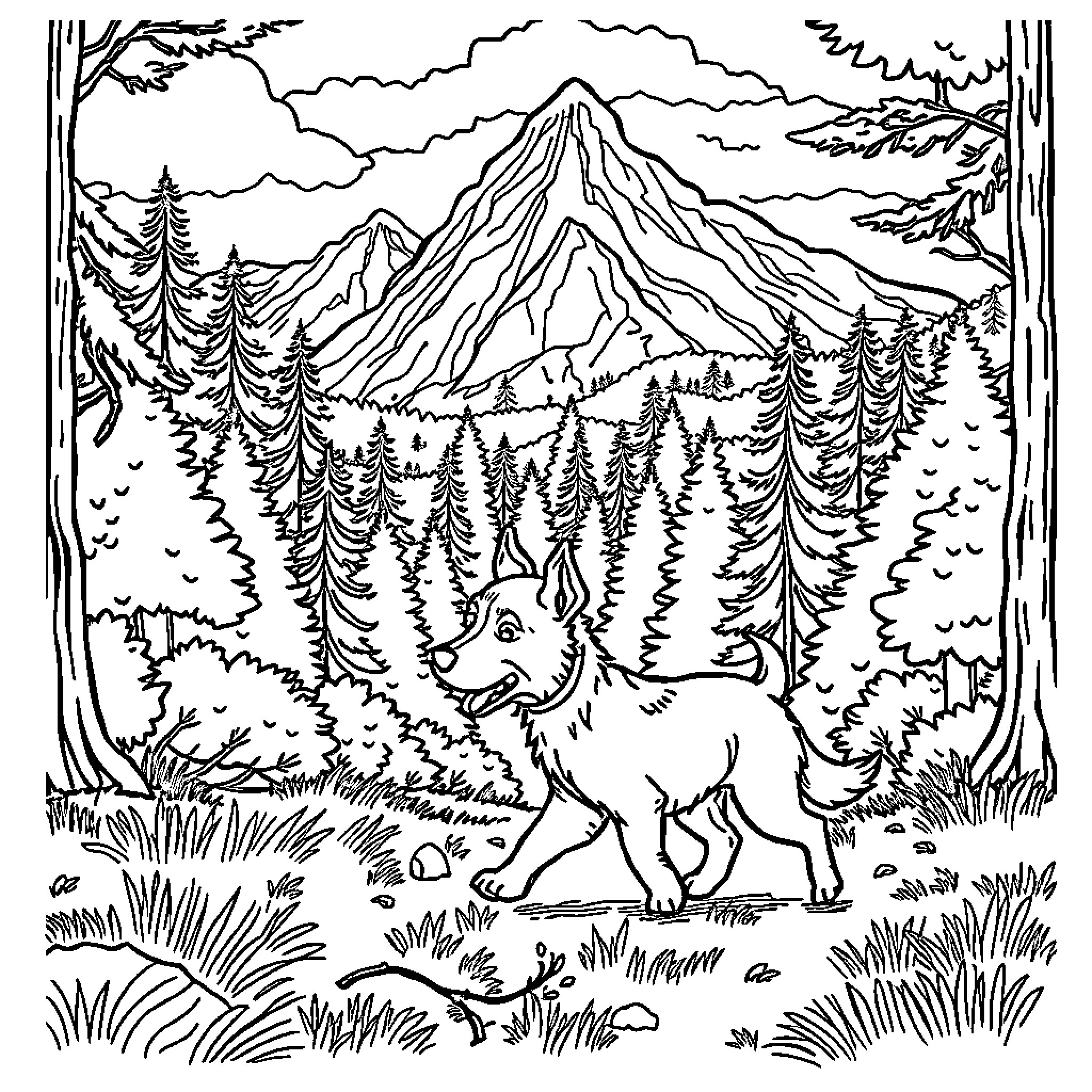 Puppy exploring the majestic mountain landscape Coloring Page (free black-and-white line drawing printable PDF for all, from beginners to advanced learners, including children, teens, adults, and seniors)