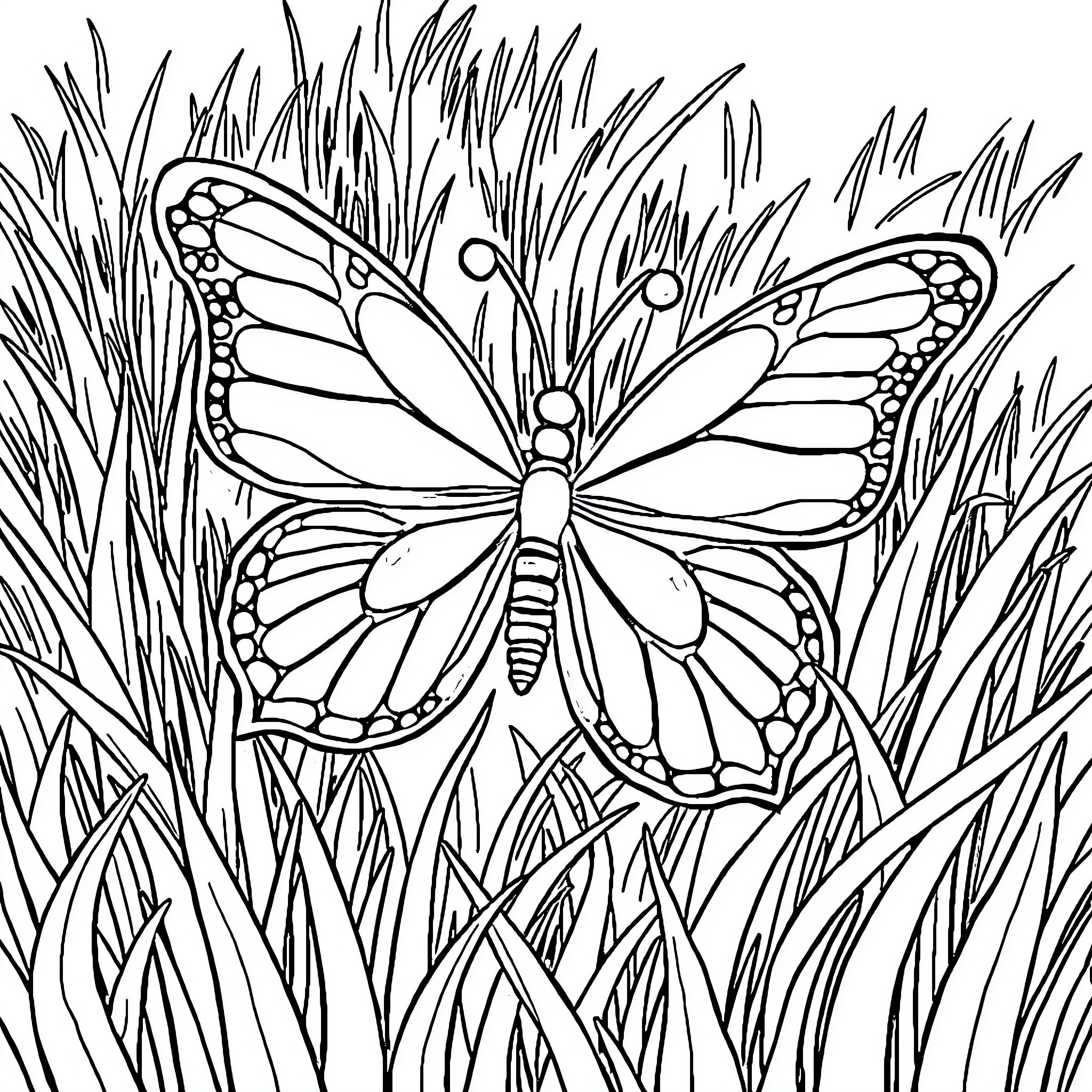 Butterfly perched among tall grass Coloring Page (free black-and-white line drawing printable PDF for all, from beginners to advanced learners, including children, teens, adults, and seniors)