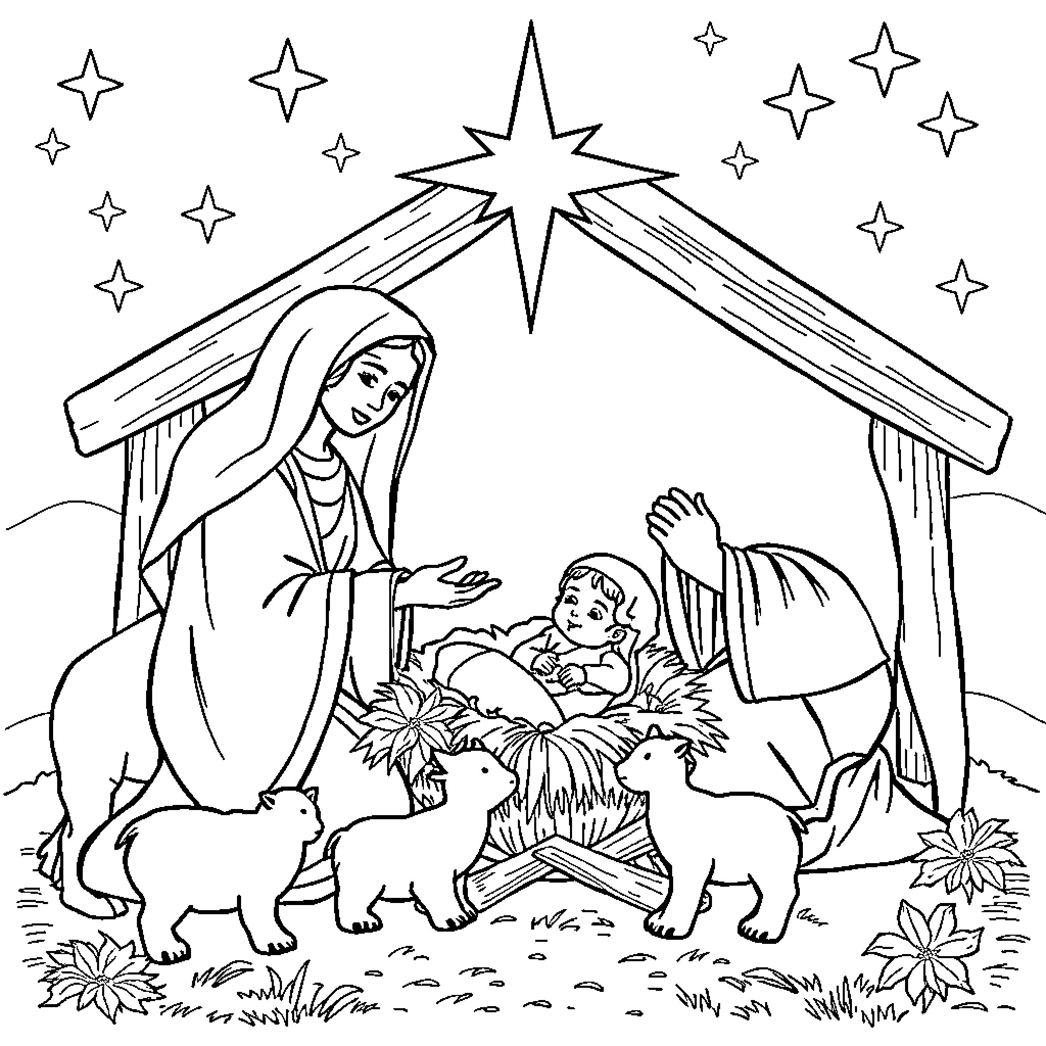 Nativity scene with Mary, Joseph, and baby Jesus Coloring Page (free black-and-white line drawing printable PDF for all, from beginners to advanced learners, including children, teens, adults, and seniors)
