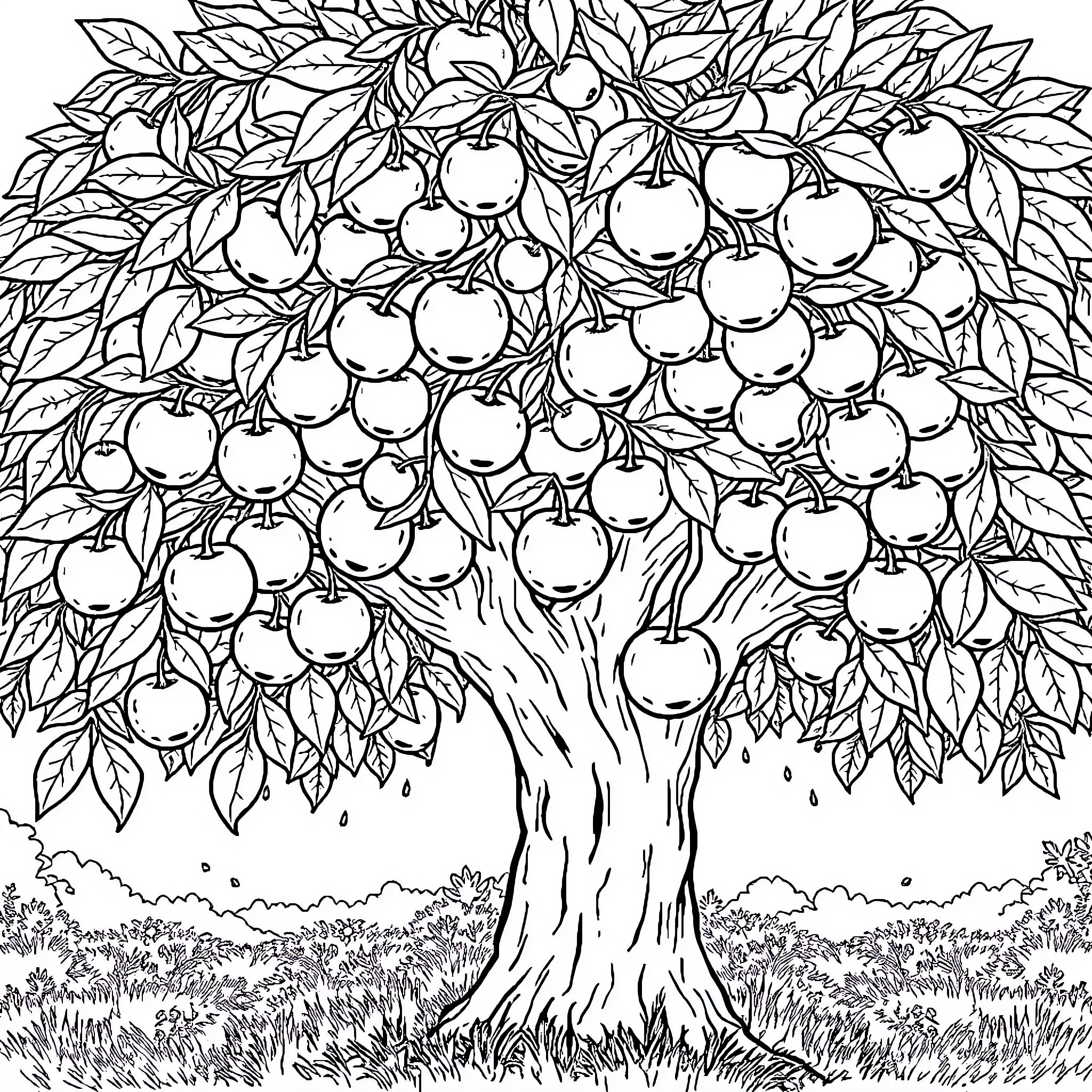 Tree with Abundant Fruit Coloring Page (free black-and-white line drawing printable PDF for all, from beginners to advanced learners, including children, teens, adults, and seniors)