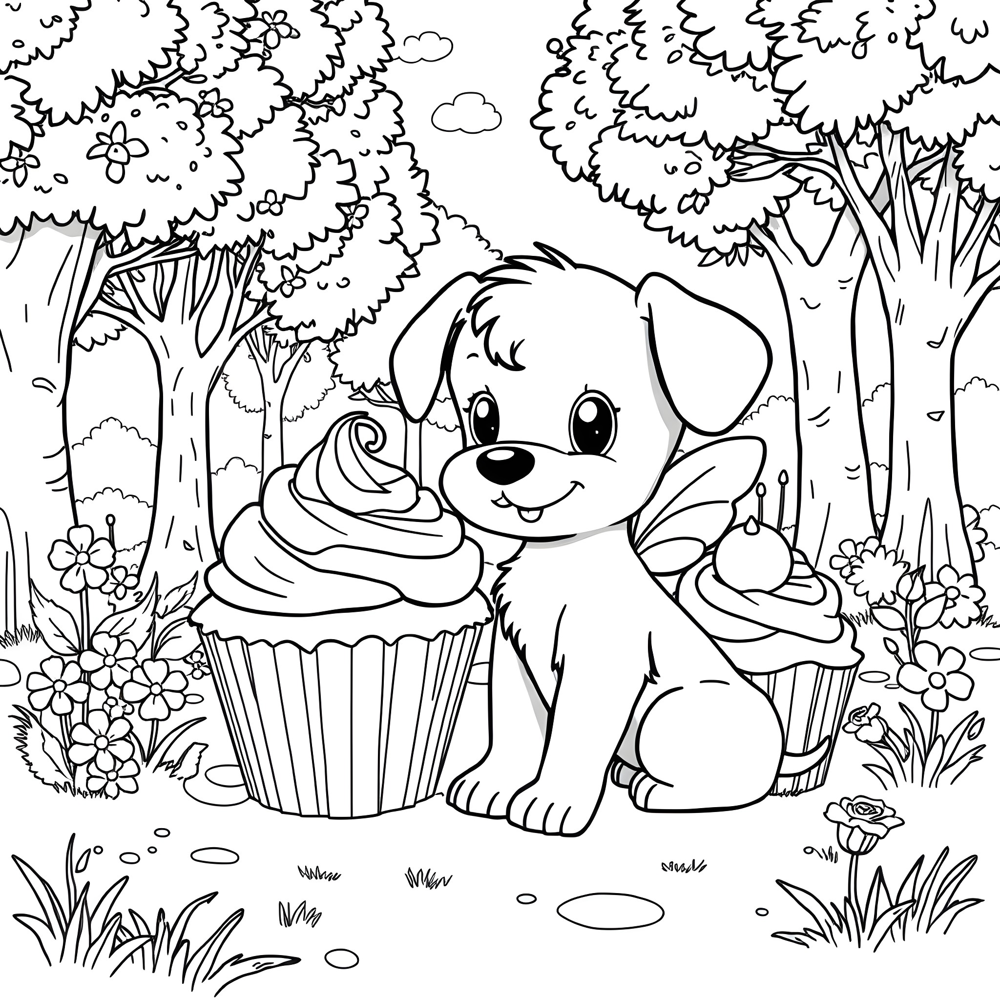 Puppy playing with cupcakes in the forest Coloring Page (free black-and-white line drawing printable PDF for all, from beginners to advanced learners, including children, teens, adults, and seniors)