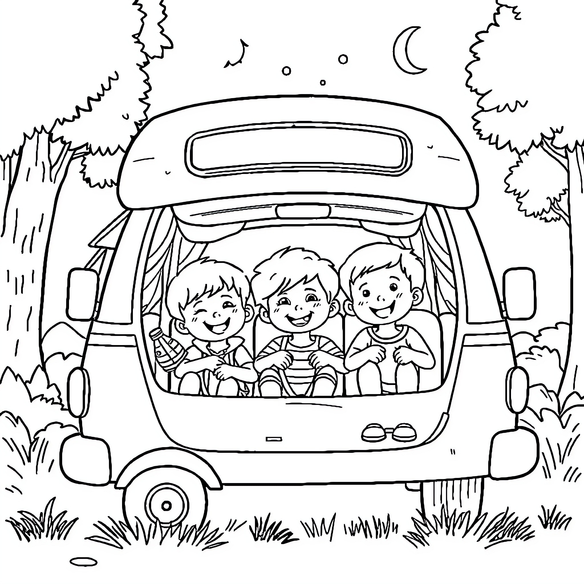 Children on a camping trip in the woods Coloring Page (free black-and-white line drawing printable PDF for all, from beginners to advanced learners, including children, teens, adults, and seniors)