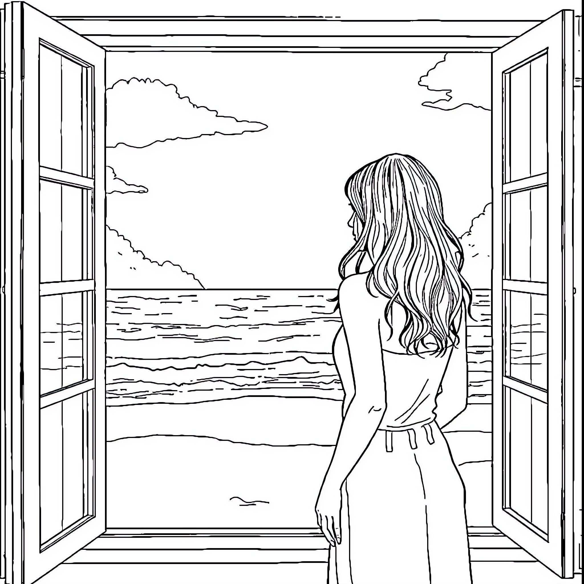 Woman gazing at the tranquil ocean from an open window Coloring Page (free black-and-white line drawing printable PDF for all, from beginners to advanced learners, including children, teens, adults, and seniors)