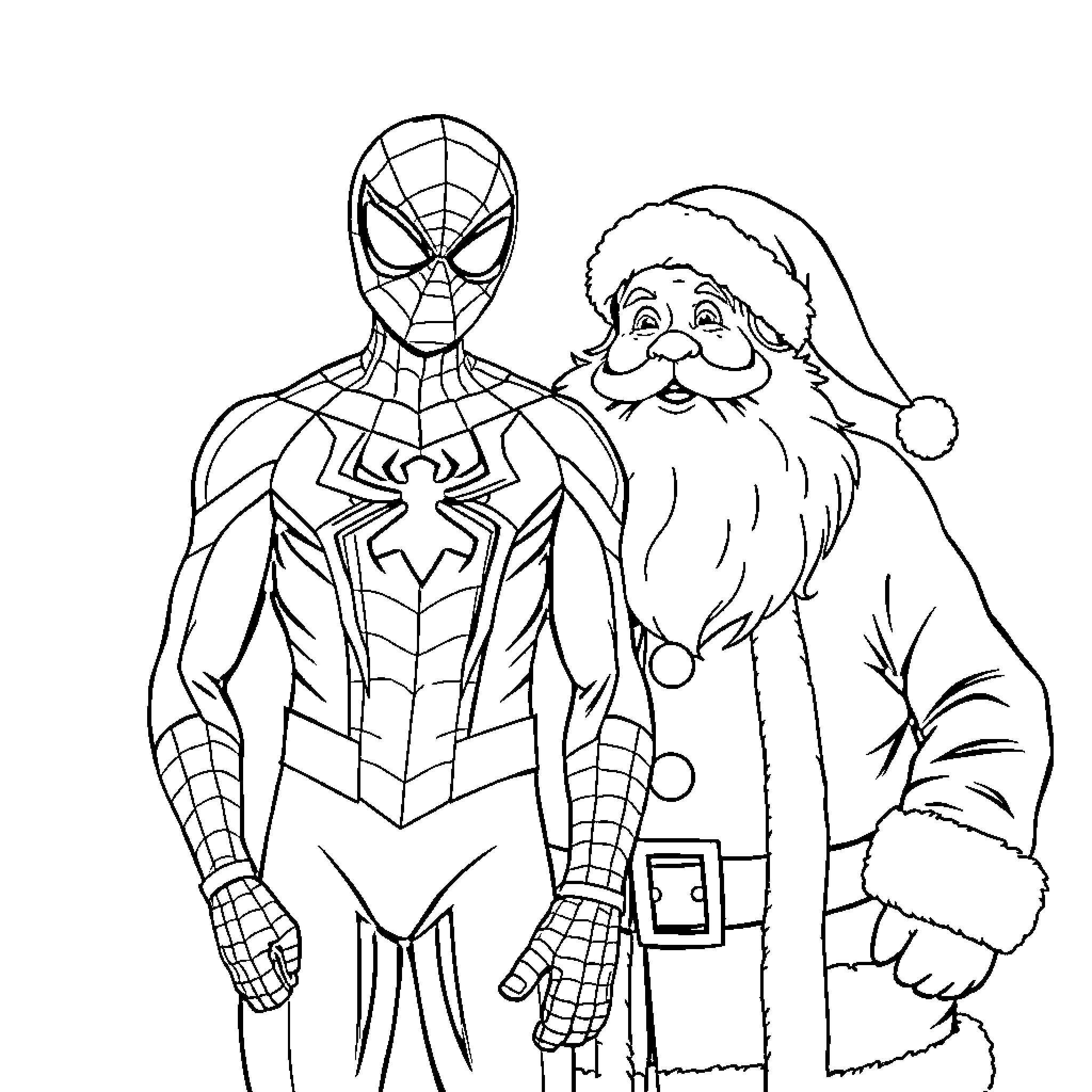 Spiderman and Santa Claus in Holiday Attire Coloring Page (free black-and-white line drawing printable PDF for all, from beginners to advanced learners, including children, teens, adults, and seniors)