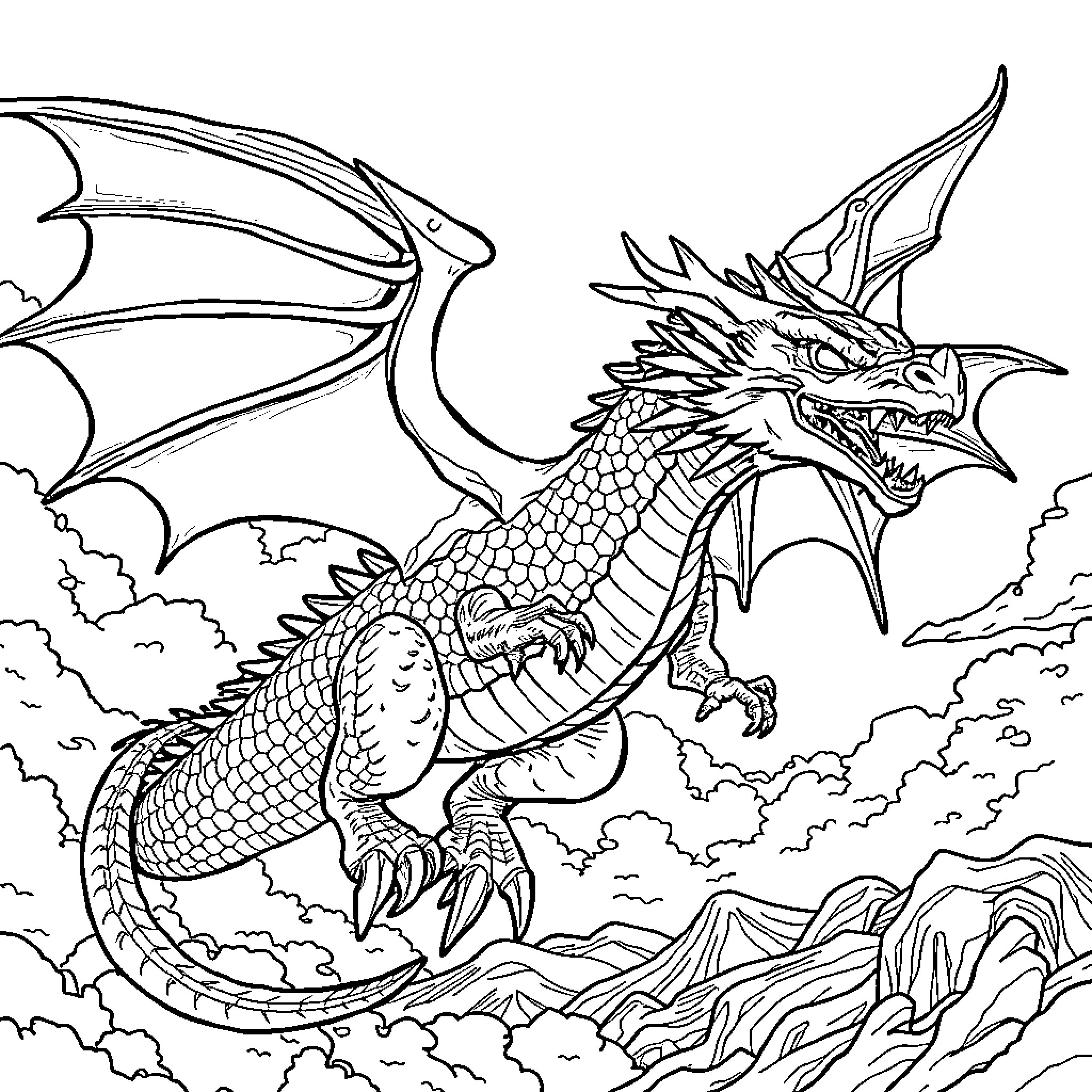 Dragon soaring above rugged landscape Coloring Page (free black-and-white line drawing printable PDF for all, from beginners to advanced learners, including children, teens, adults, and seniors)